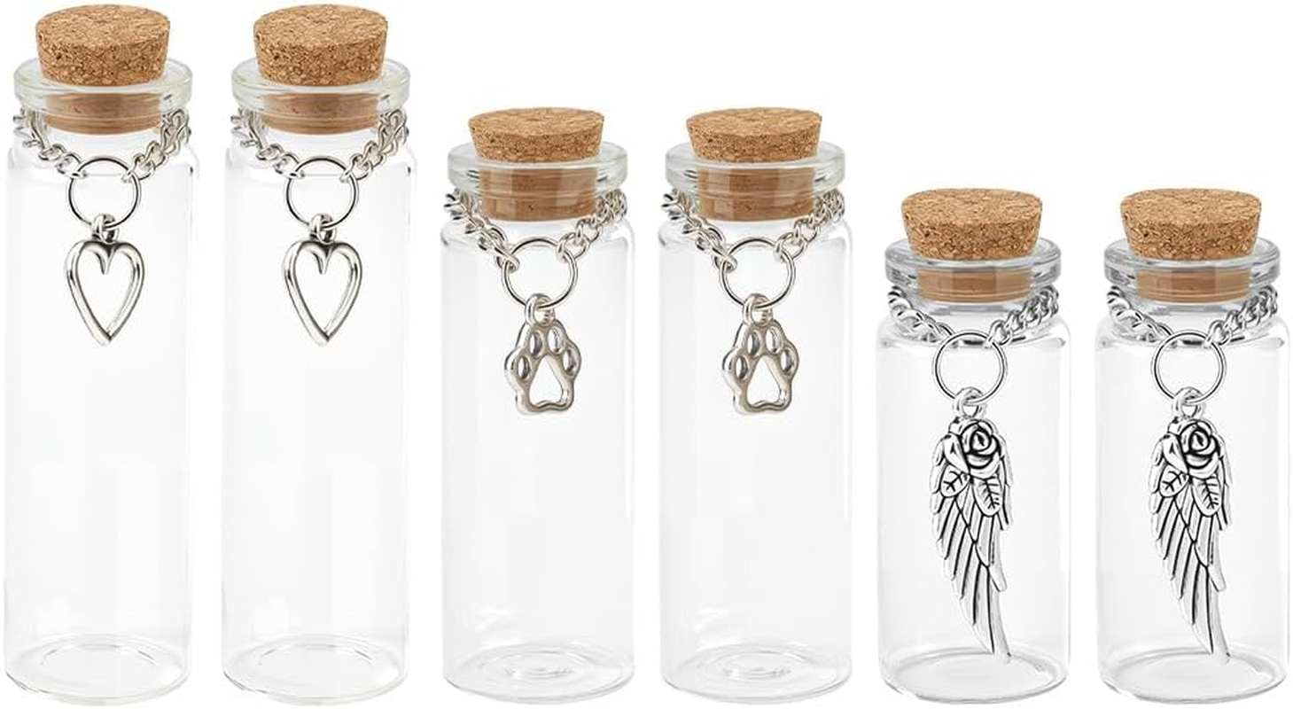 WEBEEDY 6 Pcs Pet Memorial Glass Bottles for Ashes Hair, 3 Sizes Small Glass Vial with Paw, Wing, or Heart Pendant for Dog or Cat Urns Teeth Keepsake Pet Loss Remembrance Sympathy Gift, 5/6/7Cm image number 2