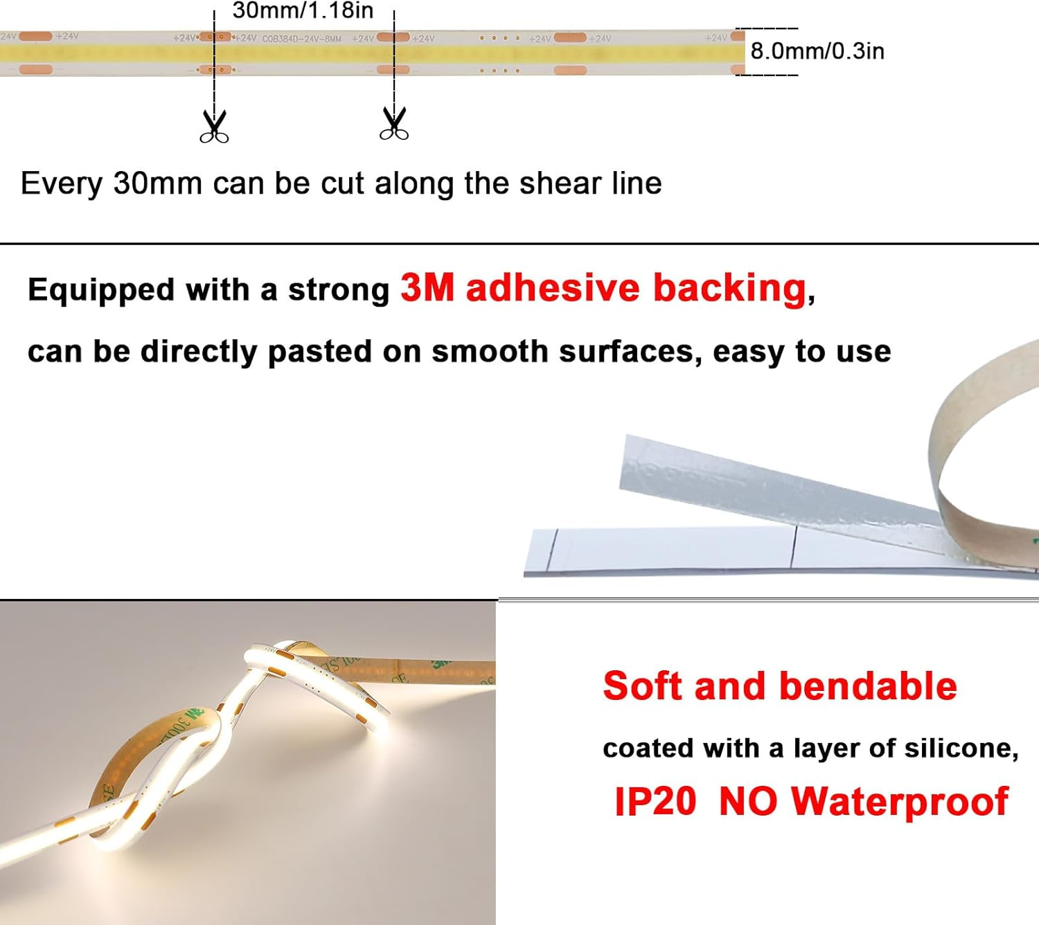 TOPAI 24V COB LED Strip 10M 5000K, Daylight White LED Strip Lights Dotless, Super Bright 7000Lm, CRI>93, 8Mm Width, Adhesive LED Tape, 384Leds/M Flexible Cuttable for Cabinet Home DIY Lighting image number 5