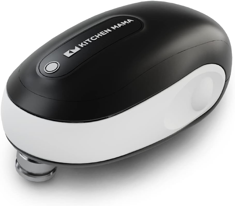 Kitchen Mama One-To-Go Electric Can Opener with Auto Shut-Off: Open Cans with Only One Push of a Button - Ergonomic & Safety, Smooth Edge, Handy with Lid Lift, Battery Operated (White)