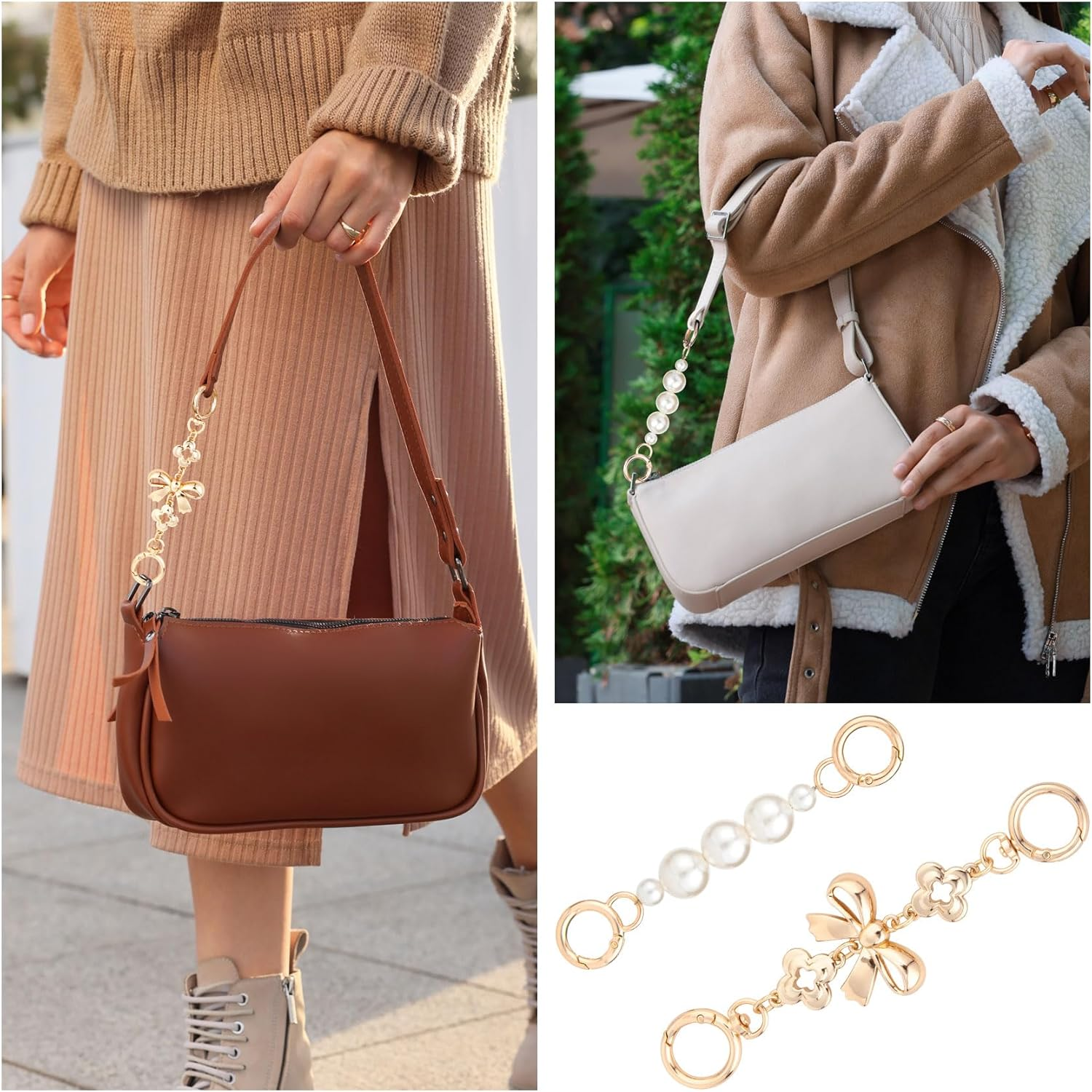 2 Pcs Gold Bow Bag Extender Chain, Metal Pearl Extender Chains, Bow Pattern Purse Strap Replacement, Wallet Extender Chain Decoration for Purses, Bags, Wallet image number 5