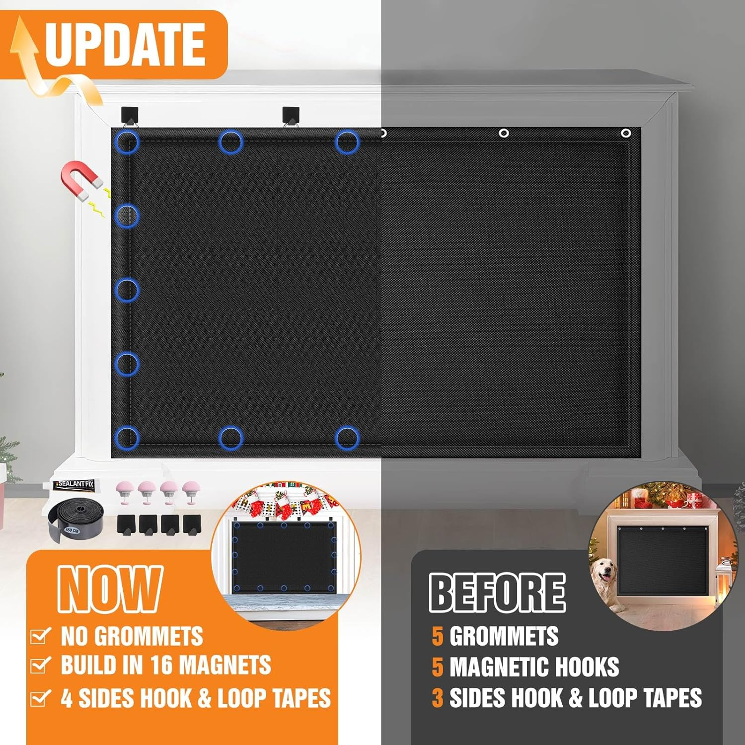 CADARA Fireplace Blocker Blanket - Magnetic Draft Stopper, Indoor Heat Loss Cover with Hook and Loop Tapes, Cold Air Blocker to save Energy, Black 36" W X 24" H image number 6