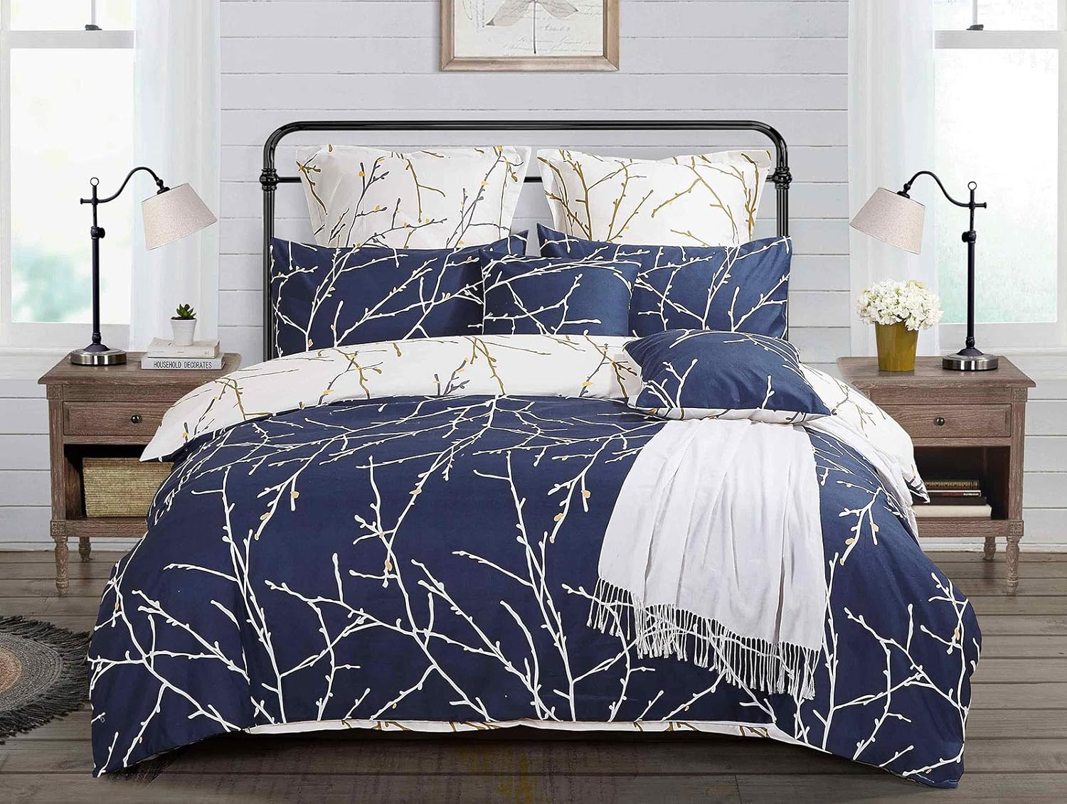 Tree Reversible Double/Queen/King/Super King Size Duvet/Doona/Quilt Cover Set (Queen, Blue&Beige)