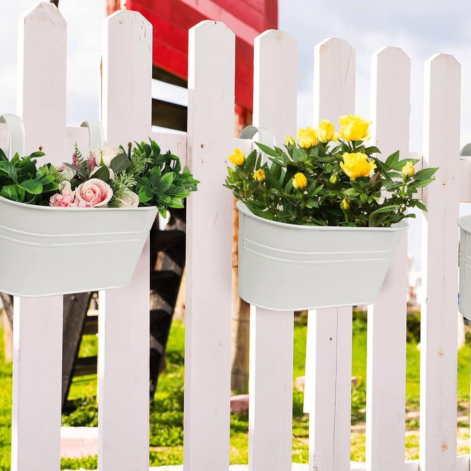 4 Pcs Balcony Railing Planters, Porch Fence Railing Planters, Metal Iron Hanging Flower Pots Fence Planters for Outdoor Plants and Flowers with Detachable Hooks image number 1