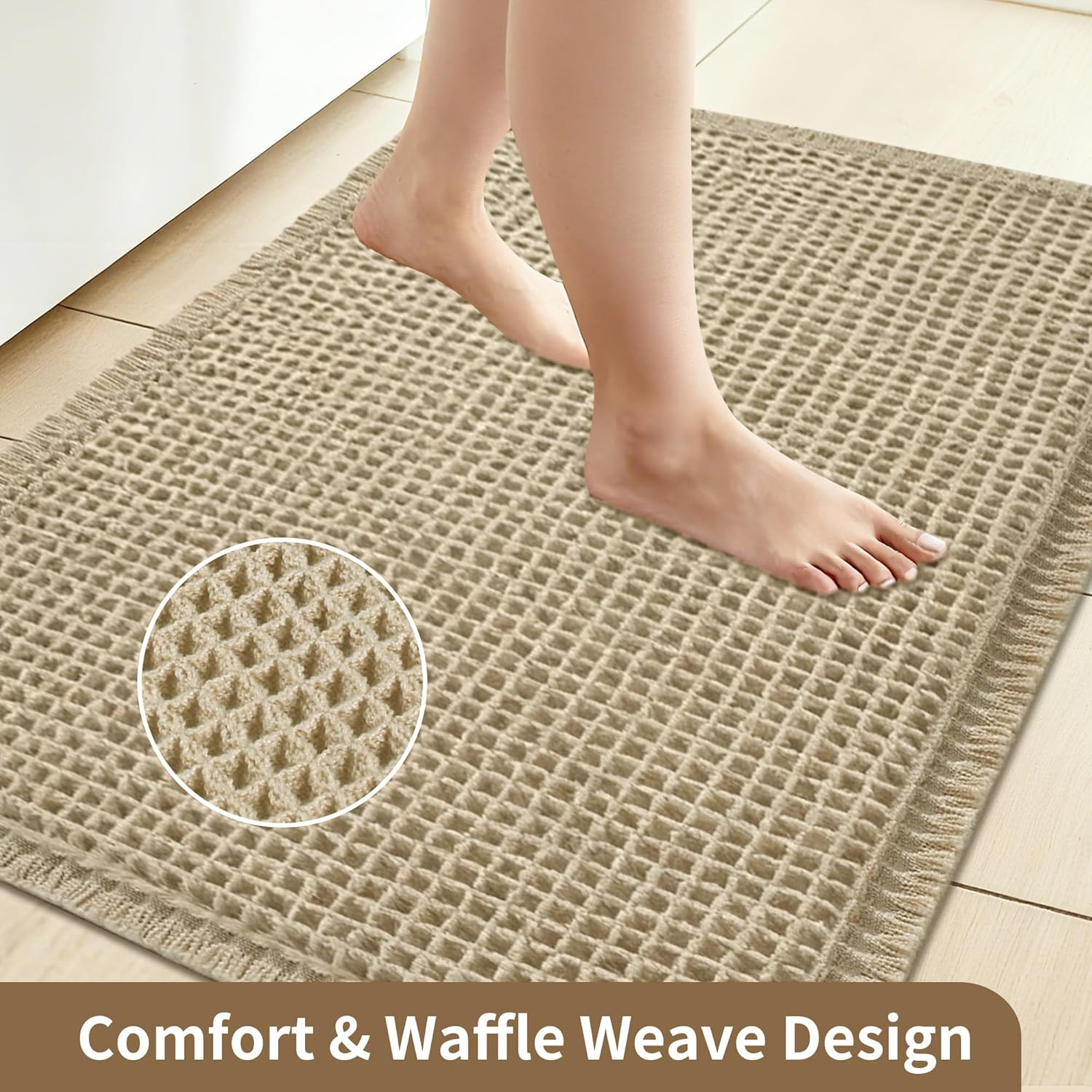 Cosinst Waffle Bath Mat 46X77Cm Super Absorbent Non Slip Comfortable Carpet for Tub, Shower Room, Machine Wash Quick Dry Bath Rugs with Tassels, Rubber Backed Bathroom Mats, Ultra Soft, Brown image number 4