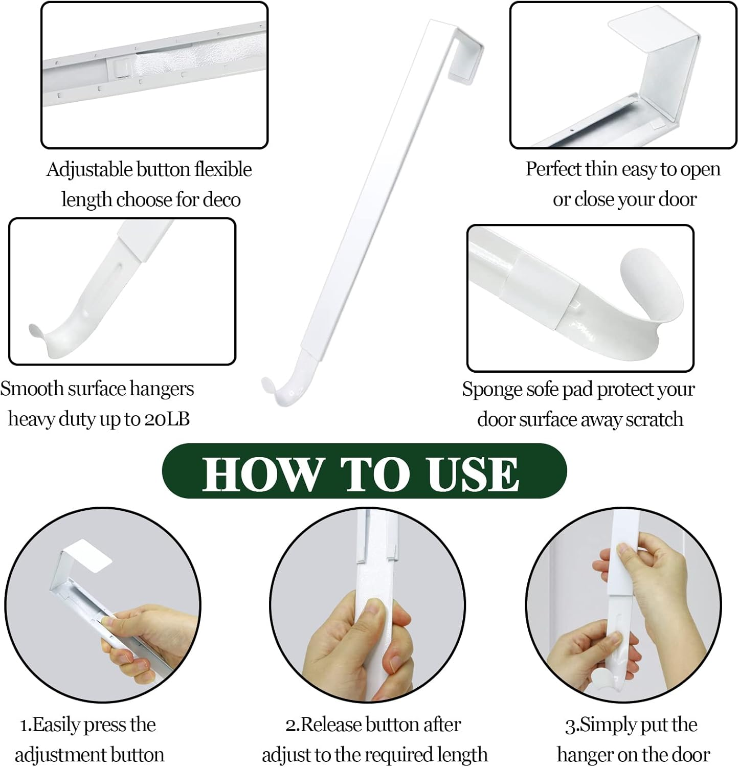 ZMCINER Adjustable Wreath Hanger for Front Door, 15-25 Inches, 20 Lbs Capacity, Christmas Fall Wreaths Decorations Hook (White) image number 4