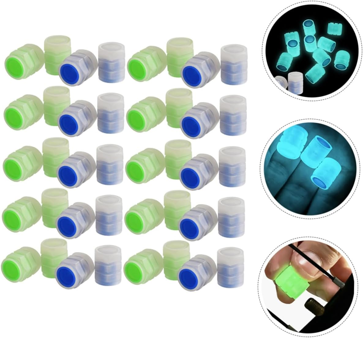 ASAKKURA 40Pcs Luminous Plastic Tire Valve Stem Caps, Glow Green and Blue, Night Glow Dustproof Covers for Car and Truck Tires, Universal Fit for Automotive Wheel Accessories image number 3