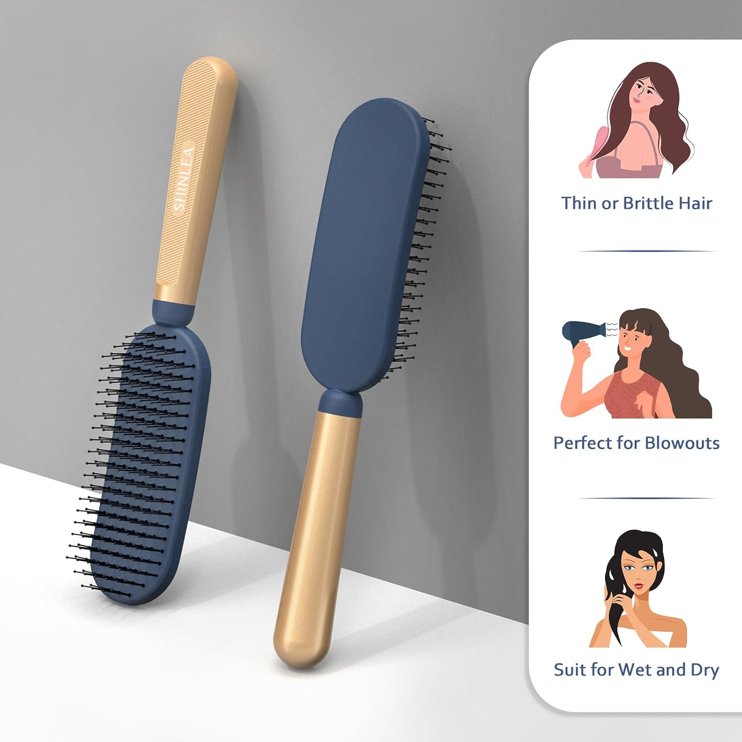 SHINLEA Detangler Fine Hair Brush, Massaging Scalp Hairbrush for Long Thin Curly Wavy Dry or Damaged Hair, Reduces Breakage, Eliminates Knots, Ball Tipped Bristles Hair Brush for Wet & Dry Hair image number 1