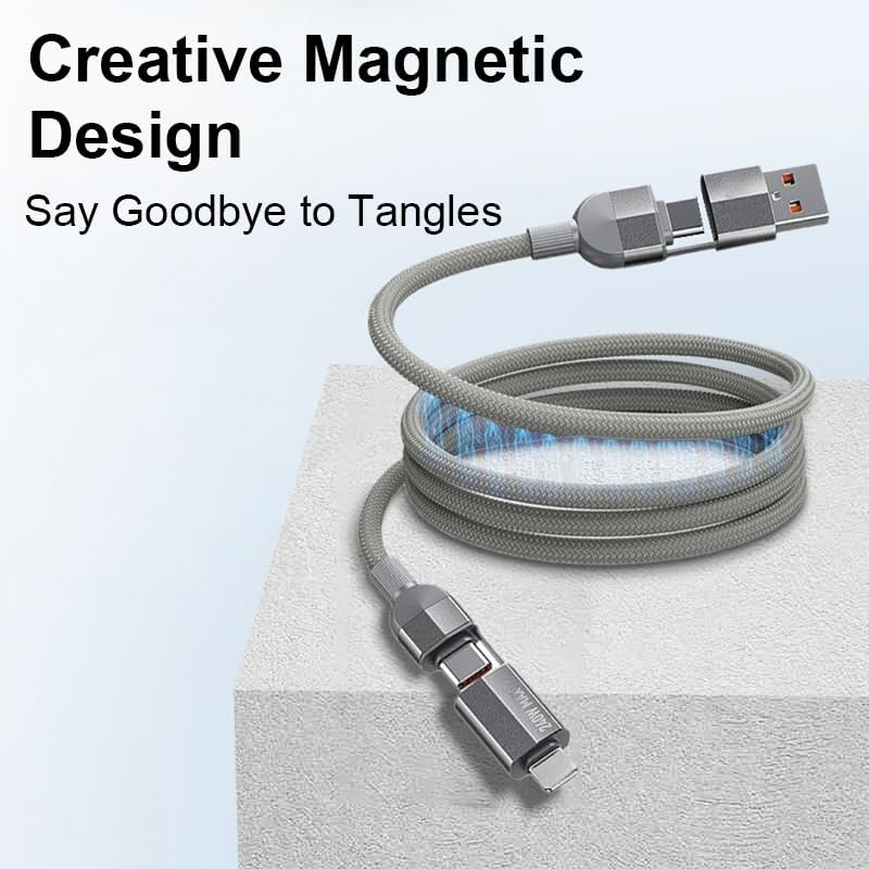 AMITOME 240W 4 in 1 Magnetic Coiled Cable 1.2M,USB A/C to USB C and IP Port Nylon Braided Mfi Certified Fast Charging Cord Compatible with Air 17 16 15 14 Pro/Macbook/Samsung and More-Black image number 1