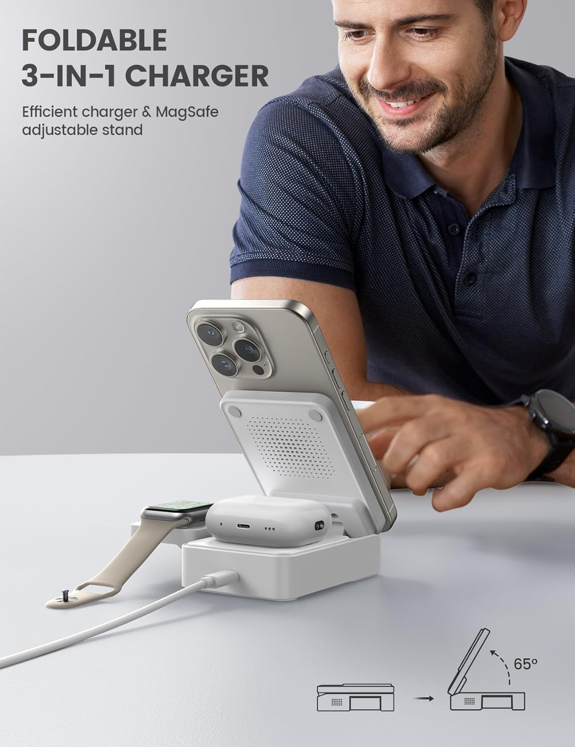 Lamicall 3 in 1 Charging Station for Apple - Foldable Wireless Charger Stand for Mag Safe Portable, Ravel Station for Multiple Devices for Iphone 17 Pro Max Air, 16, 15, 14, 13, Apple Watch, Airpods - White image number 2