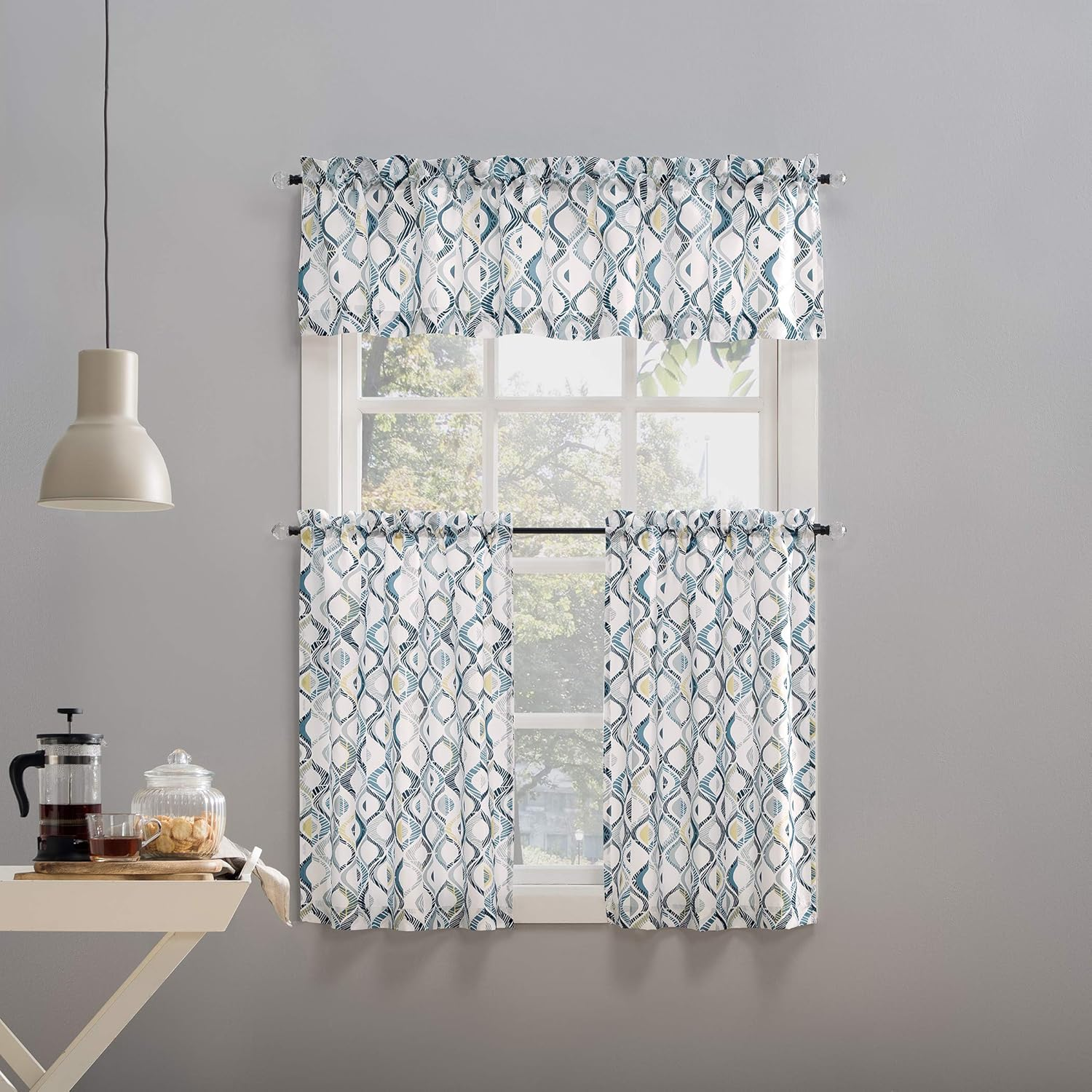 No. 918 Barker Geometric Semi-Sheer Rod Pocket Kitchen Curtain Valance and Tiers Set, 54" X 36", White image number 2