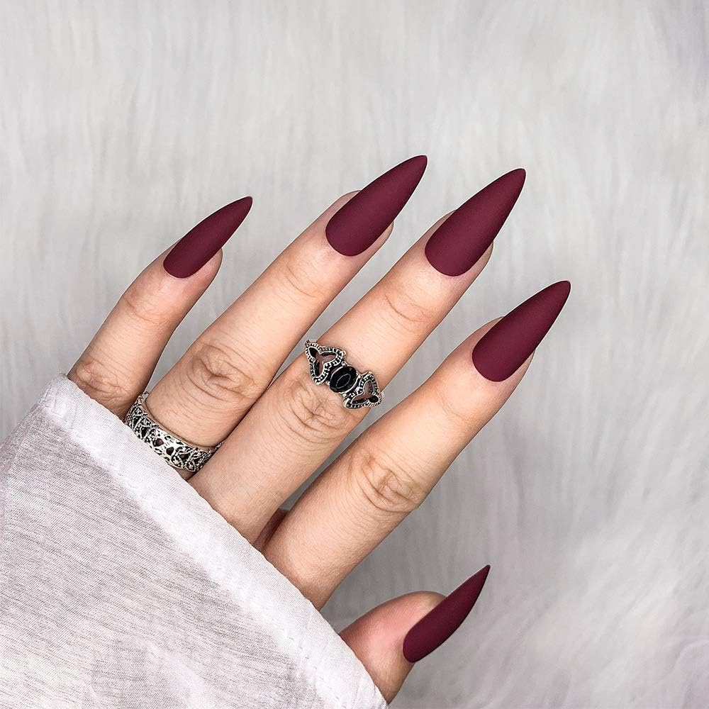 Morily 24Pcs Fake Nails Matte Pure Color Medium Long Stiletto Almond Press on Nail False Tips Artificial Finger Manicure for Women (Wine Red) - French Ombre image number 7