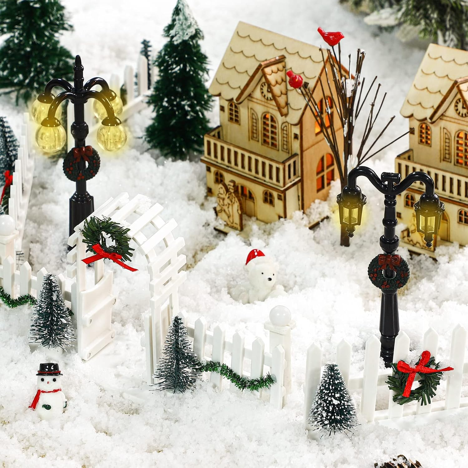 5 Pcs Christmas Village Decorative Fences Entry Gate Lit Figurine Christmas Wreath Tree Picket Fence Snow Accessories for Village Collections Snow Fence Figurine（White Series） image number 4