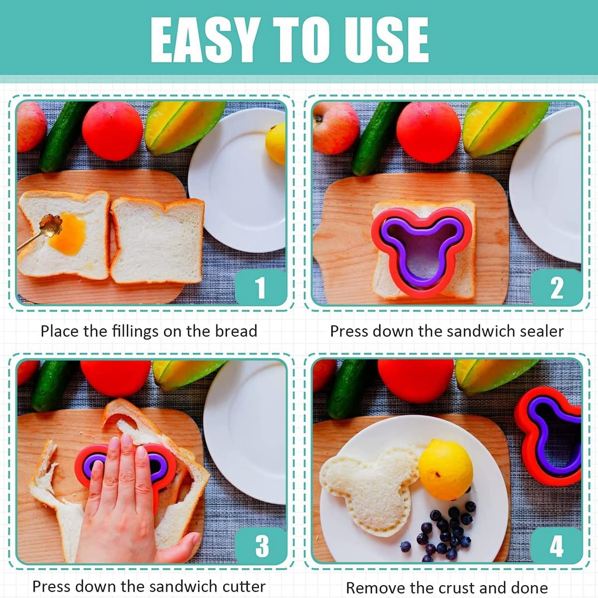 20Pcs Sandwich Cutter and Sealer Set for Kids, Stainless Steel Uncrustable Sandwich Maker Decruster Cookie Cutters Fruit Vegetable Cutter for Boys Girls Adult Lunch Bento Box with Heart Square Mouse Dinosaur Star Circle Shapes, Etc image number 6