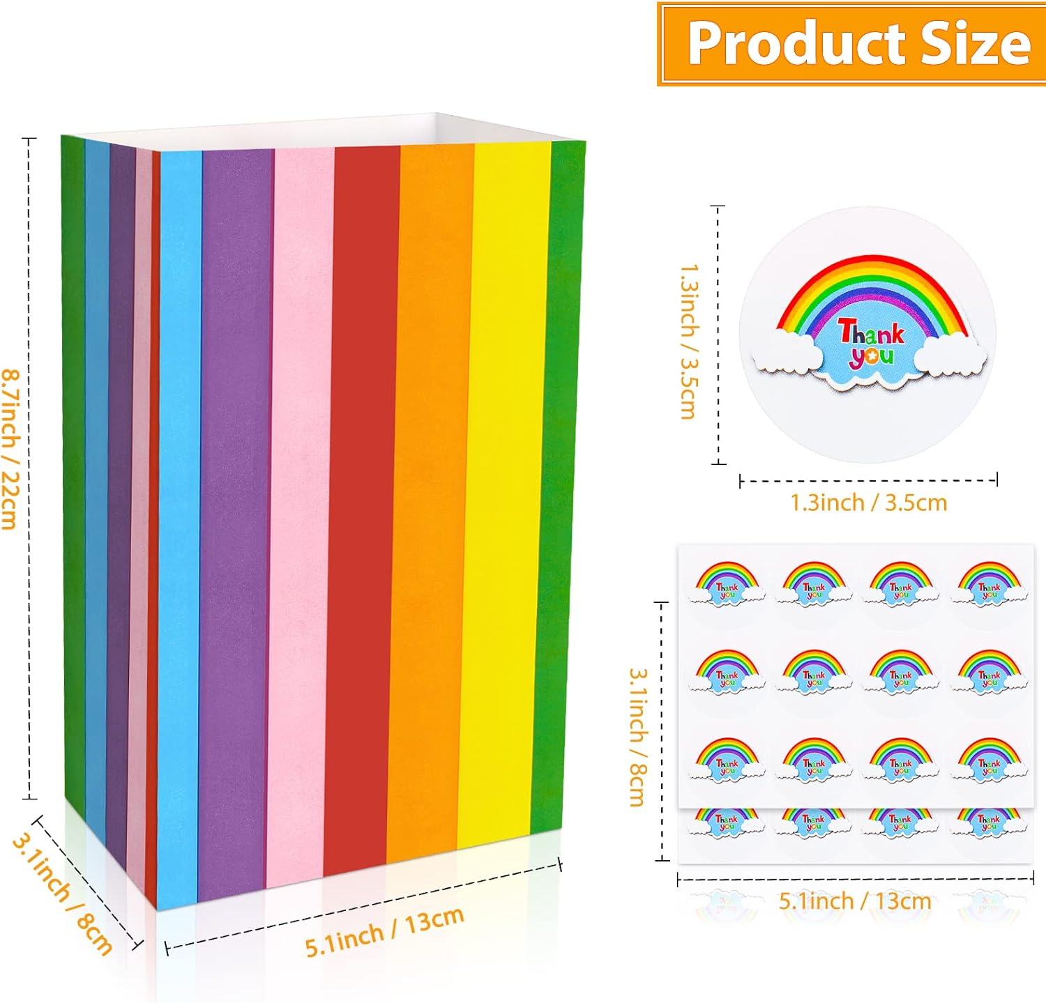 Party Favor Bags,Paper Party Bags,Rainbow Paper Bags with Stickers,Kraft Paper Loot Bags Candy Bags Wrapped Bags Treats Bags Goody Goodie Bags,Paper Gift Bags Small Gift Bags Bulk Multipack Wedding Gift Bags Gift Wrap Bags for Birthdays,Holiday,Mothers Day,Care Packages,May Day image number 1