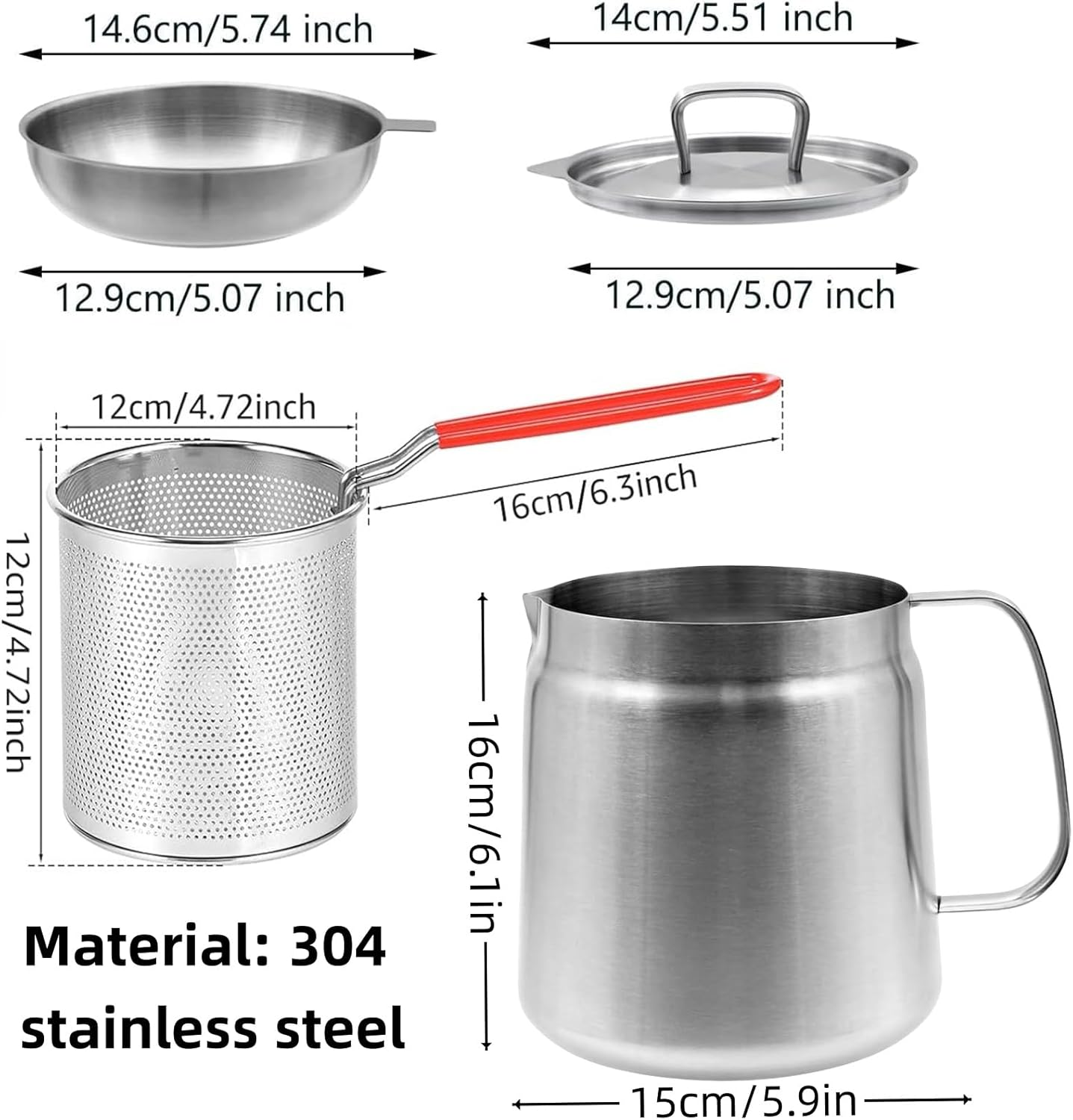 304 Stainless Steel Grease Strainer Pot & Oil Filter Container - 2.0L Large Capacity Deep Fat Fryer with Fine Mesh Basket, Frying Net & Heat-Resistant Handle for Kitchen,Frying image number 5