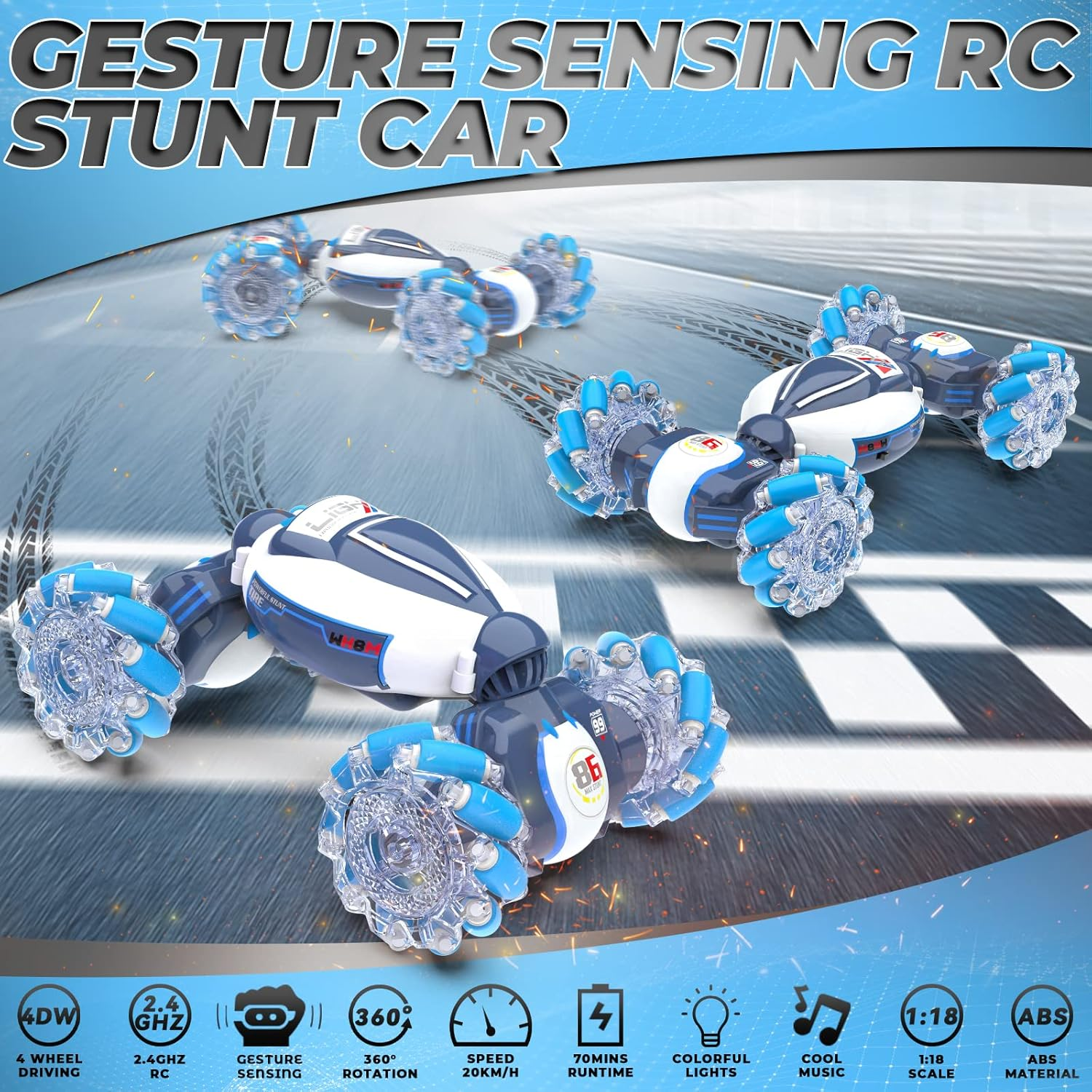 Dysaim Remote Control Car, Gesture Sensing RC Stunt Car Toys, 2.4Ghz 4WD RC Drift Car, Creative Gifts for Kids Boys Girls Ages 6+, Double Sided Rotating off Road Vehicle 360&deg; Flips with Lights Music - Blue White image number 4
