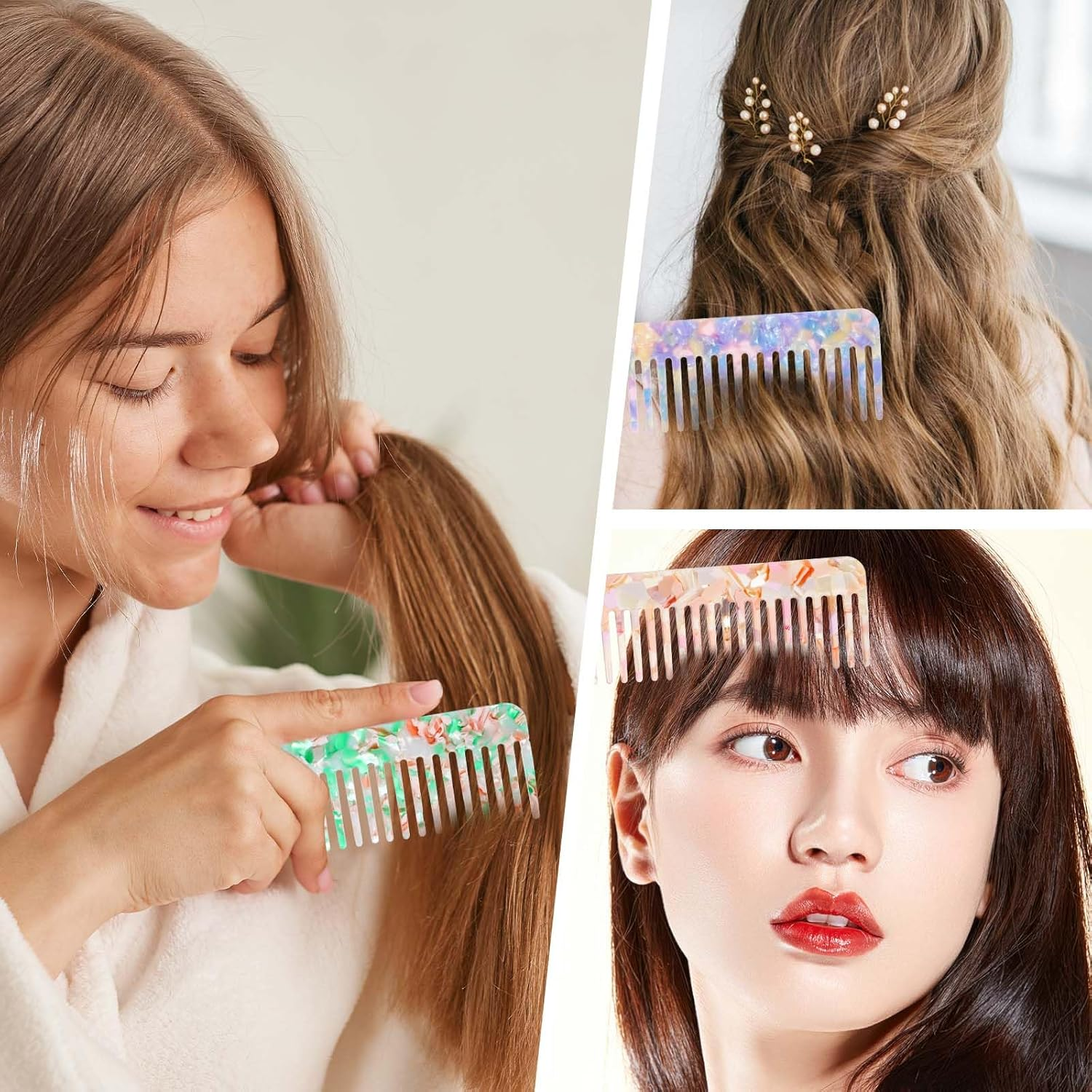 Classicseali 3PCS Travel Comb for Women, Portable Mini Comb for Women, Patterned Colorful Acetate Hair Combs, Small Wide Tooth Comb for Thick Curly Wavy Hairs, Wet or Dry Straight Hairs image number 1