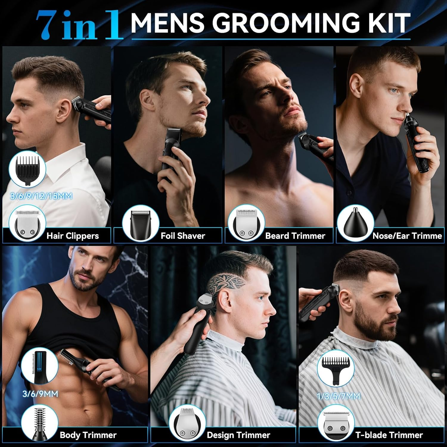 Beard Trimmer for Men, IPX7 Waterproof Electric Shaver Razor, Hair Trimmer for Nose, Body, Face and Mustache, Cordless Hair Clipper Grooming Kit, Gifts for Men image number 3