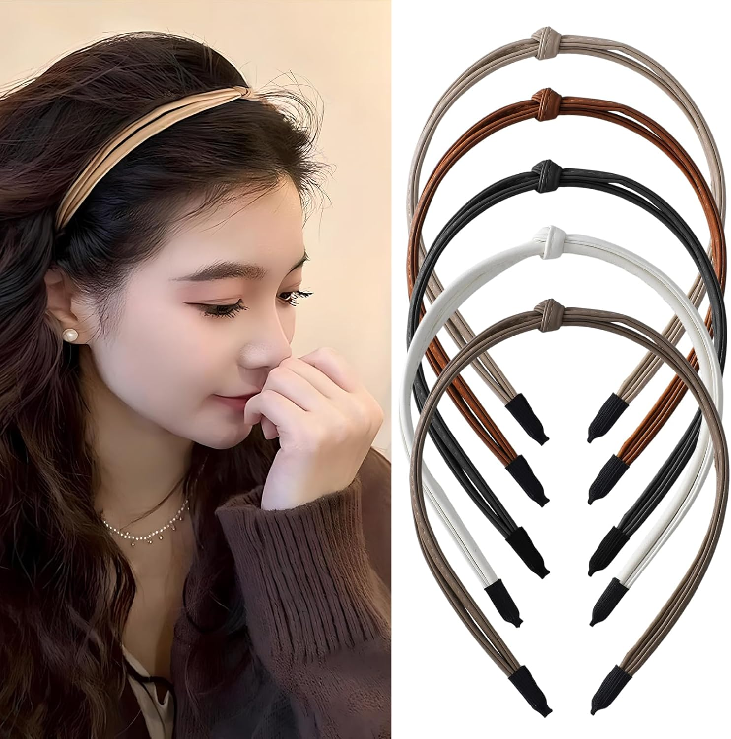 Pack of 5 Women'S Headbands, Elegant Thin Leather Headbands, Cute Knotted Leather Headbands, Solid, Simple, Fashionable, Non-Slip Hair Bands, Hair Styling Accessories for Women and Girls image number 1