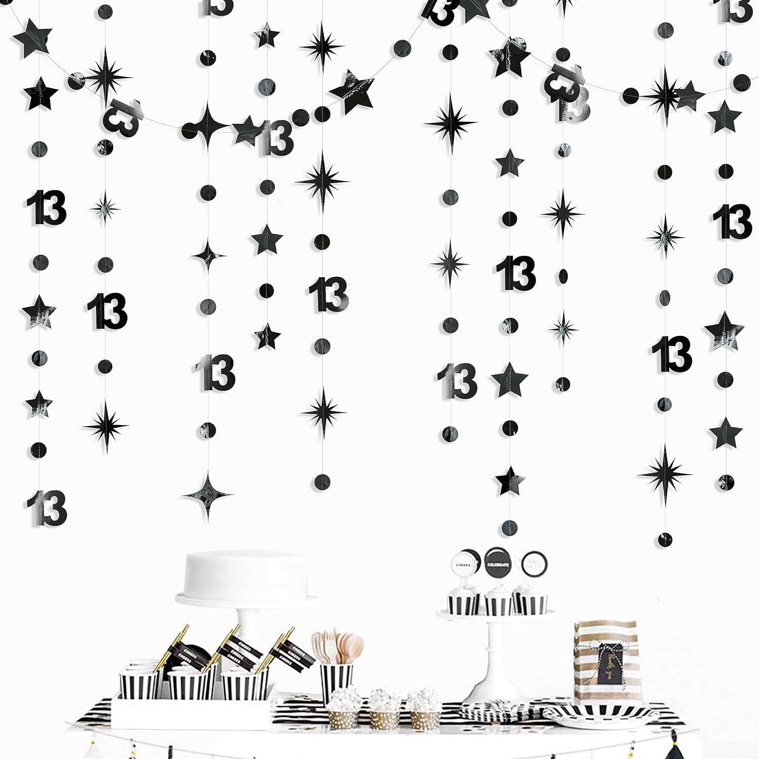 Black 13Th Polka Dot Star Garland Streamer Metallic Paper Black 13 Sign Hanging Bunting Banner for Boy Official Teenager Thirteen Birthday Happy 13 Years Old 13Th Anniversary Party Decoration Supplies image number 2