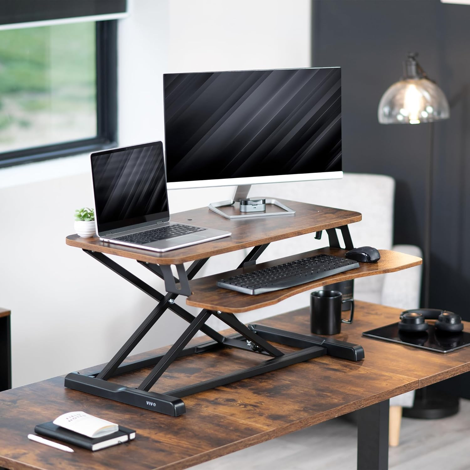 VIVO 81Cm Desk Converter, K Series, Height Adjustable Sit to Stand Riser, Dual Monitor and Laptop Workstation with Wide Keyboard Tray, Rustic Vintage Brown Top, Black Frame, DESK-V000KN - Gray image number 7