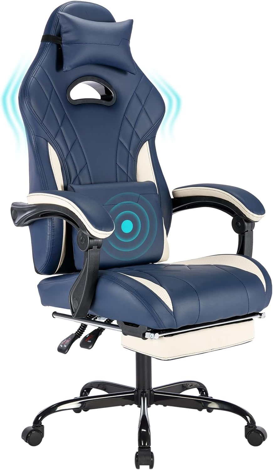 Segedom Gaming Chairs High Back Massage Game Chair with Footrest Computer Reclining Chair with Headrest and Lumbar Support for Big and Tall PVC Leather Gaming Chair for Adults (Cyan White)