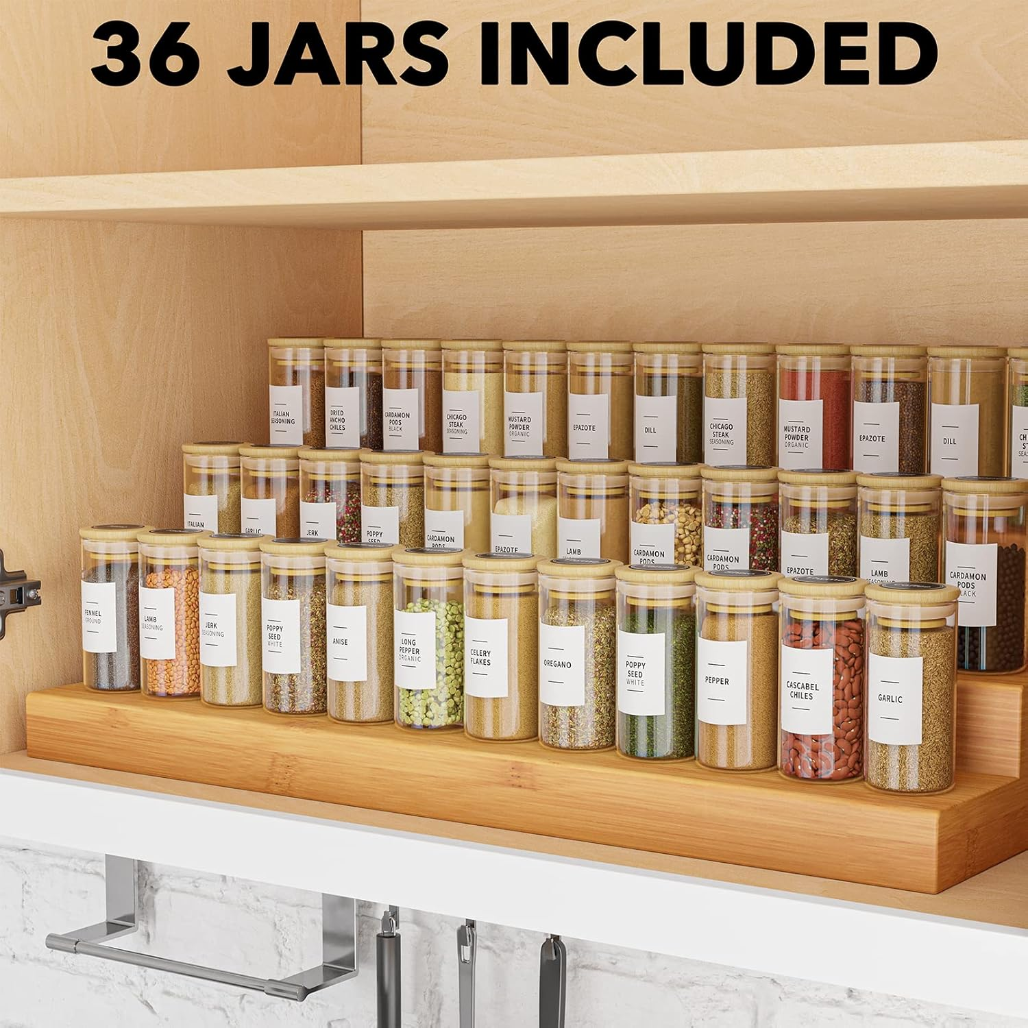 Spaceaid 36 Pcs Spice Jars with Bamboo Lids and Labels, Empty 4Oz Glass Spice Bottles, Minimalist Farmhouse Spice Labels Stickers with Funnel, Seasoning Containers for Spice Rack, Cabinet and Drawer image number 1