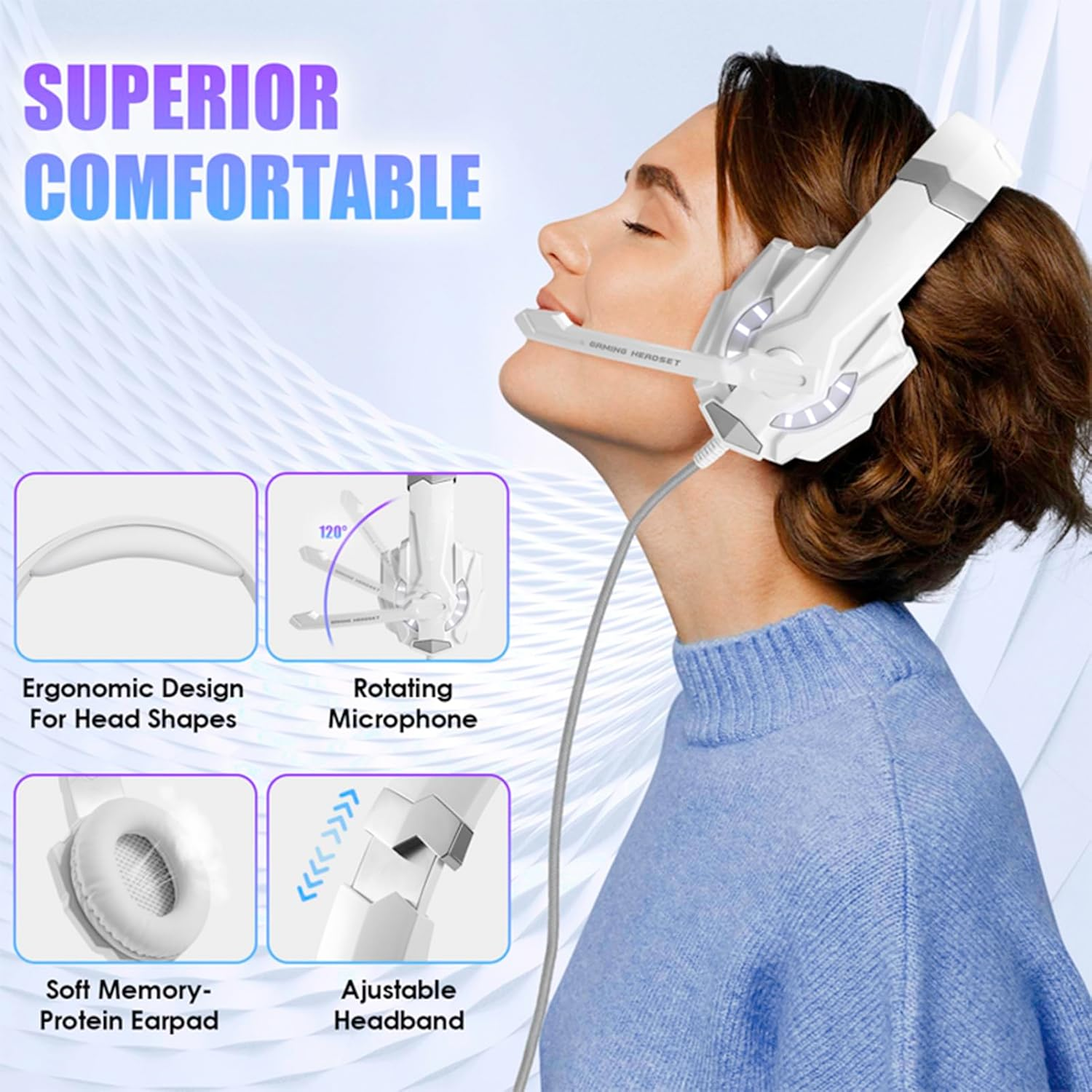 Plyisty USB Gaming Headset for PC, Noise Cancelling over Ear Headphones with Mic, LED Light, Wired Computer Headset for Laptop, Office (White) - White image number 6