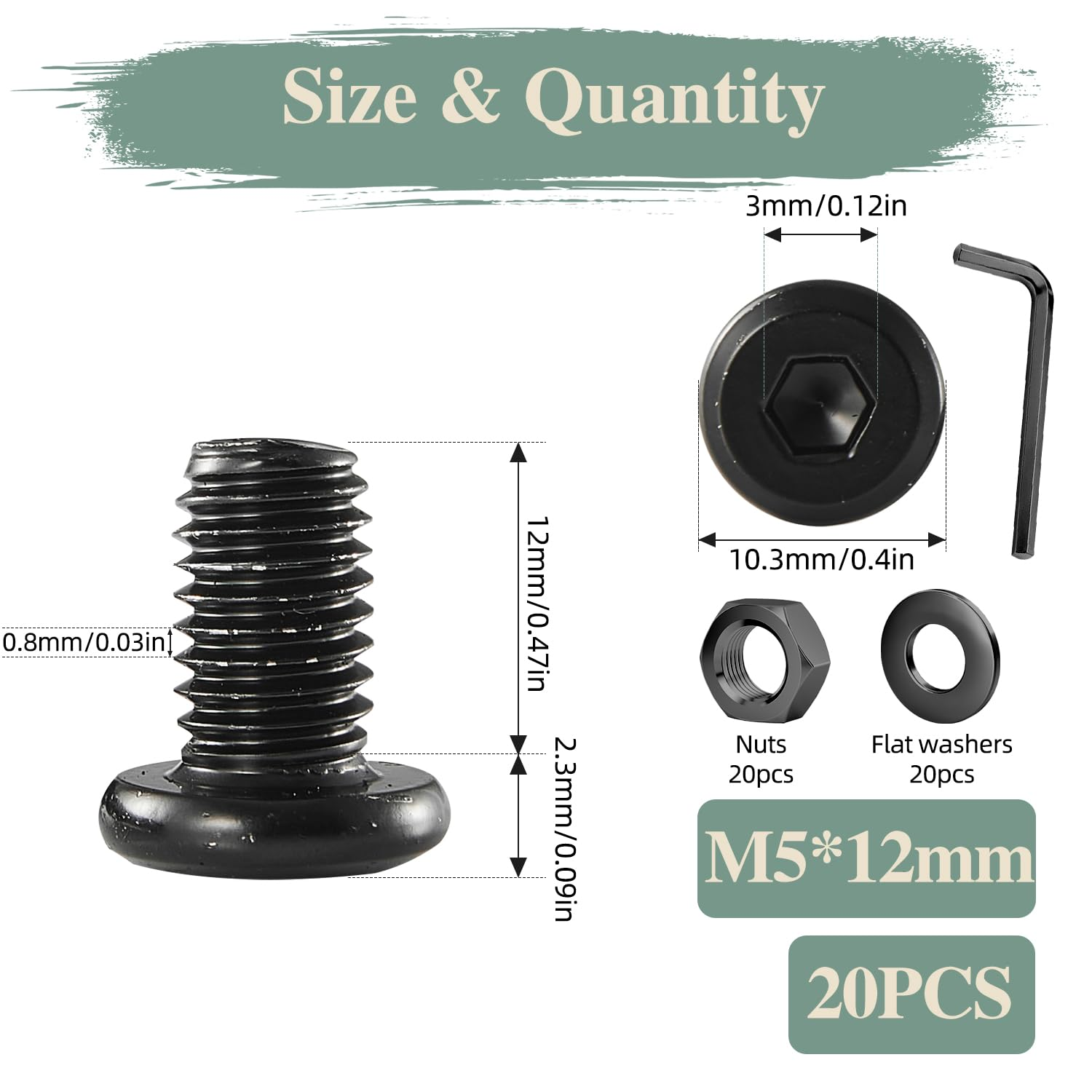 GOHODOMINO M5&times;12Mm Flat Head Socket Cap Screws Bolts, Nuts, Flat Washers, 20Pcs, 304 Stainless Steel, Black Oxide, Allen Socket Drive, with Hex Spanner image number 7