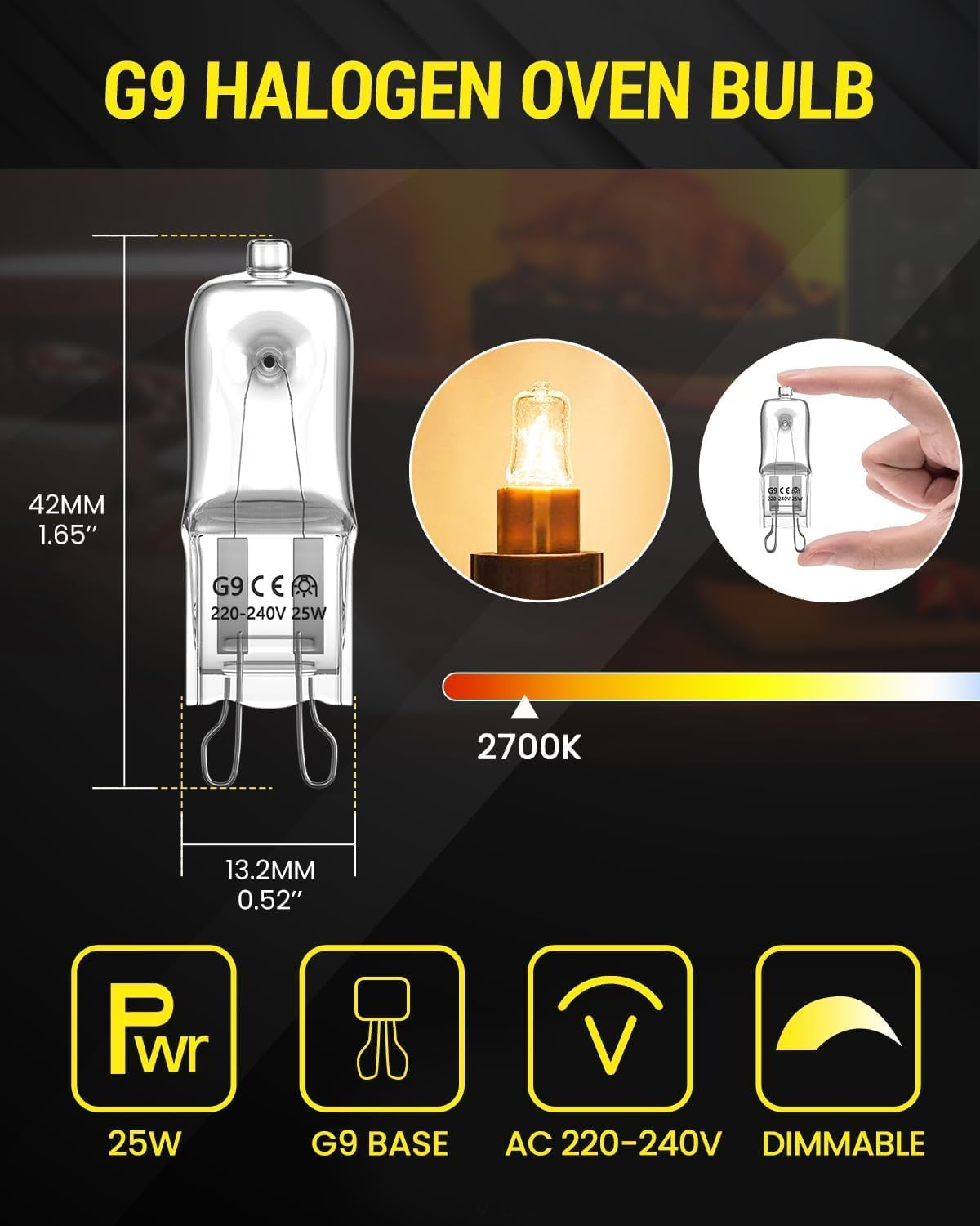Doright 2 X G9 Halogen Oven Bulbs 25W 300℃ Heat Tolerant 230V Warm White 2700K Dimmable for Neff/Aeg/Smeg/Zanussi/Bosch Ovens, Microwaves and Cooker Light Bulbs, Wax Melt Burners, Salt Lamp image number 1