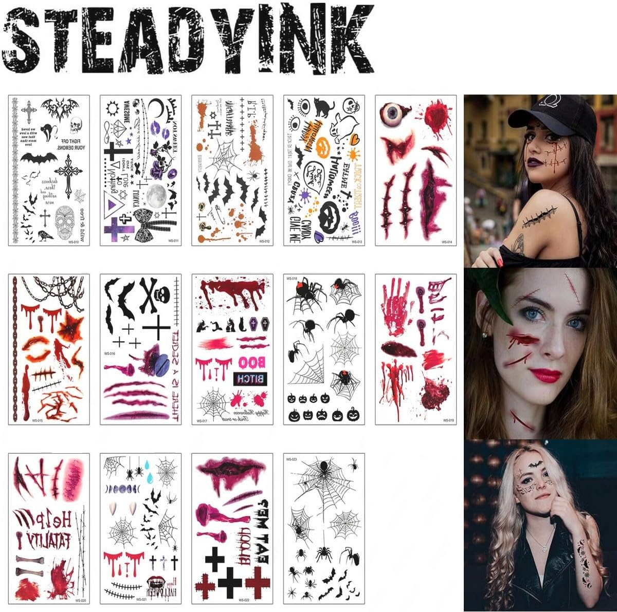 14 Sheets Halloween Tattoos Kids Temporary - Halloween Stickers Waterproof &ndash; Bats Blood Splatter Scratches Spider Webs Vampire Bites - Halloween Stickers for Adults Kids - 21X10Cm - Steadyink&reg; image number 5