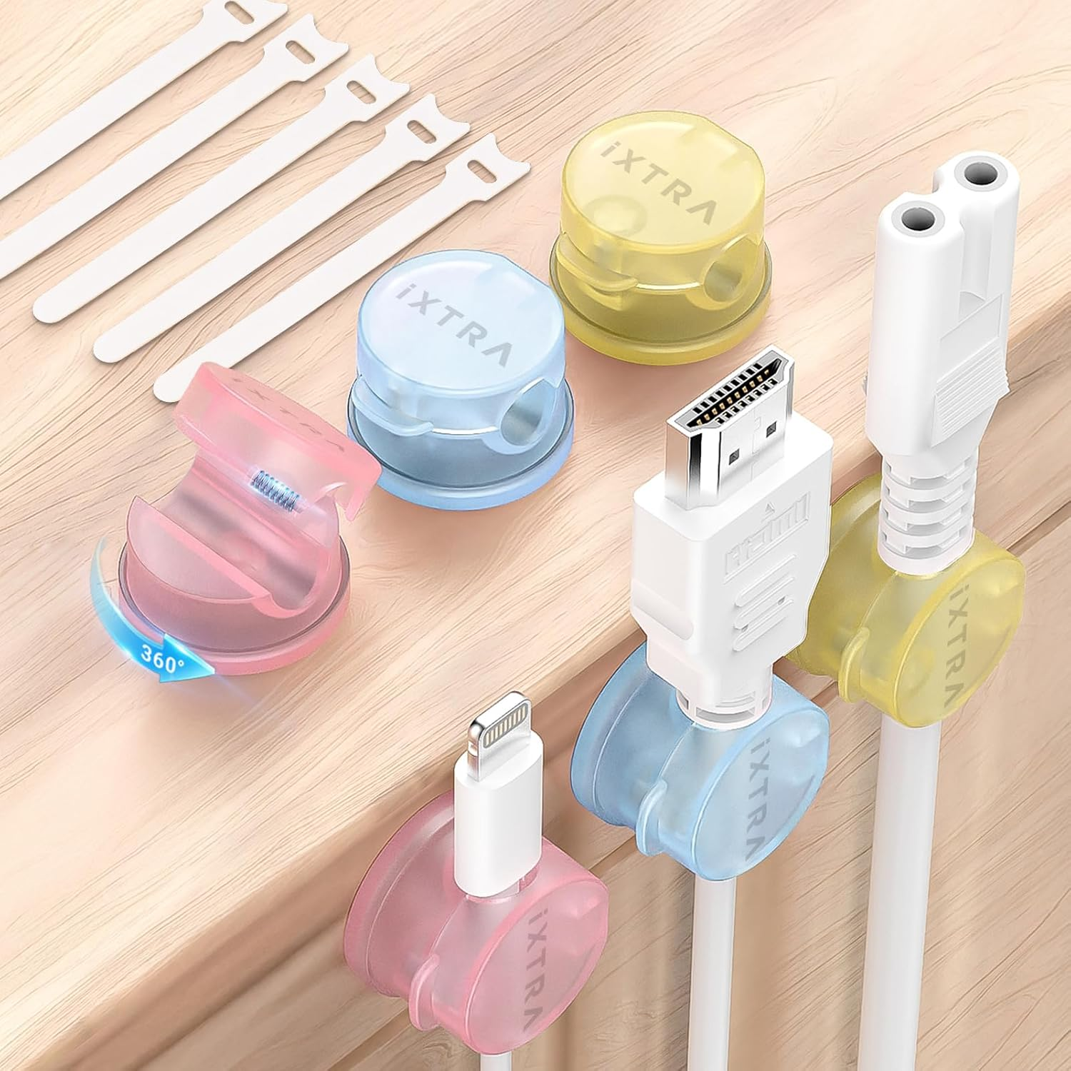 IXTRA 6 Pack Spring Cable Cips Upgrade Rotatable Cord Organizer Desk Cable Management Adhesive Phone Charging USB Wire Holder for Nightstand Office Wall Blue