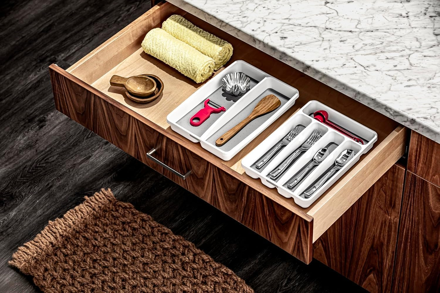 Madesmart Premium Antimicrobial Classic Mini Utensil Tray, Soft Grip, Non-Slip Kitchen Drawer Organizer, 2 Compartments, Multi-Purpose Home Organization, EPA Certified, White image number 5