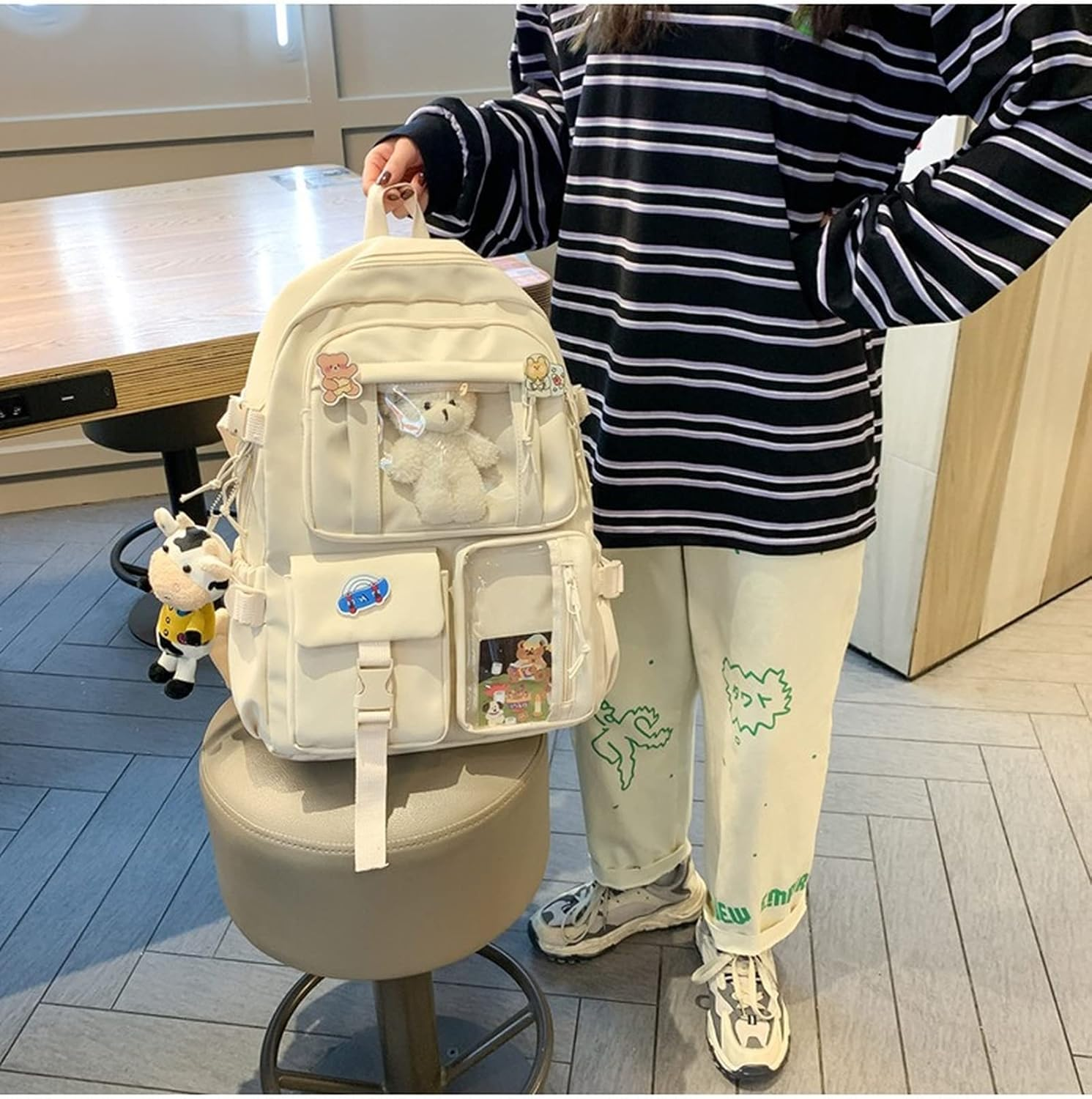 Kawaii Backpack Cute Aesthetic Anime with Pins Cow Bear Pendant School Supplies Bag Animal Cartoon Preppy Japanese