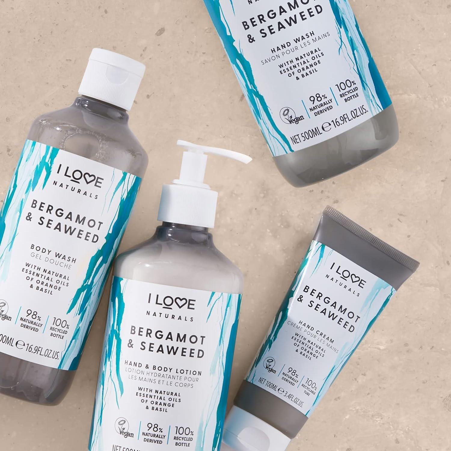 I Love Naturals Bergamot & Seaweed Hand Wash, Natural Oils of Orange & Basil, Gently Removes Impurities, Refreshing & Cleansing Formula, 100% Recycled Bottle & Vegan-Friendly - 2 X 19.91 Fl Oz