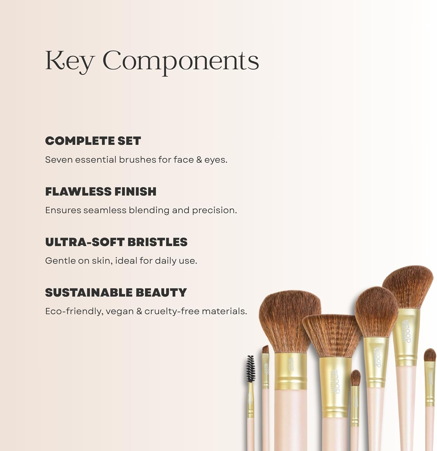 Scoop Whole Beauty Vegan 7 Piece Brush Set | Ultra-Soft Synthetic Bristles with Sustainable Wood Handles | Includes 7 Premium Brushes + Rollable Canvas Travel Bag | Vegan, Cruelty-Free, Eco-Friendly | 185G image number 2
