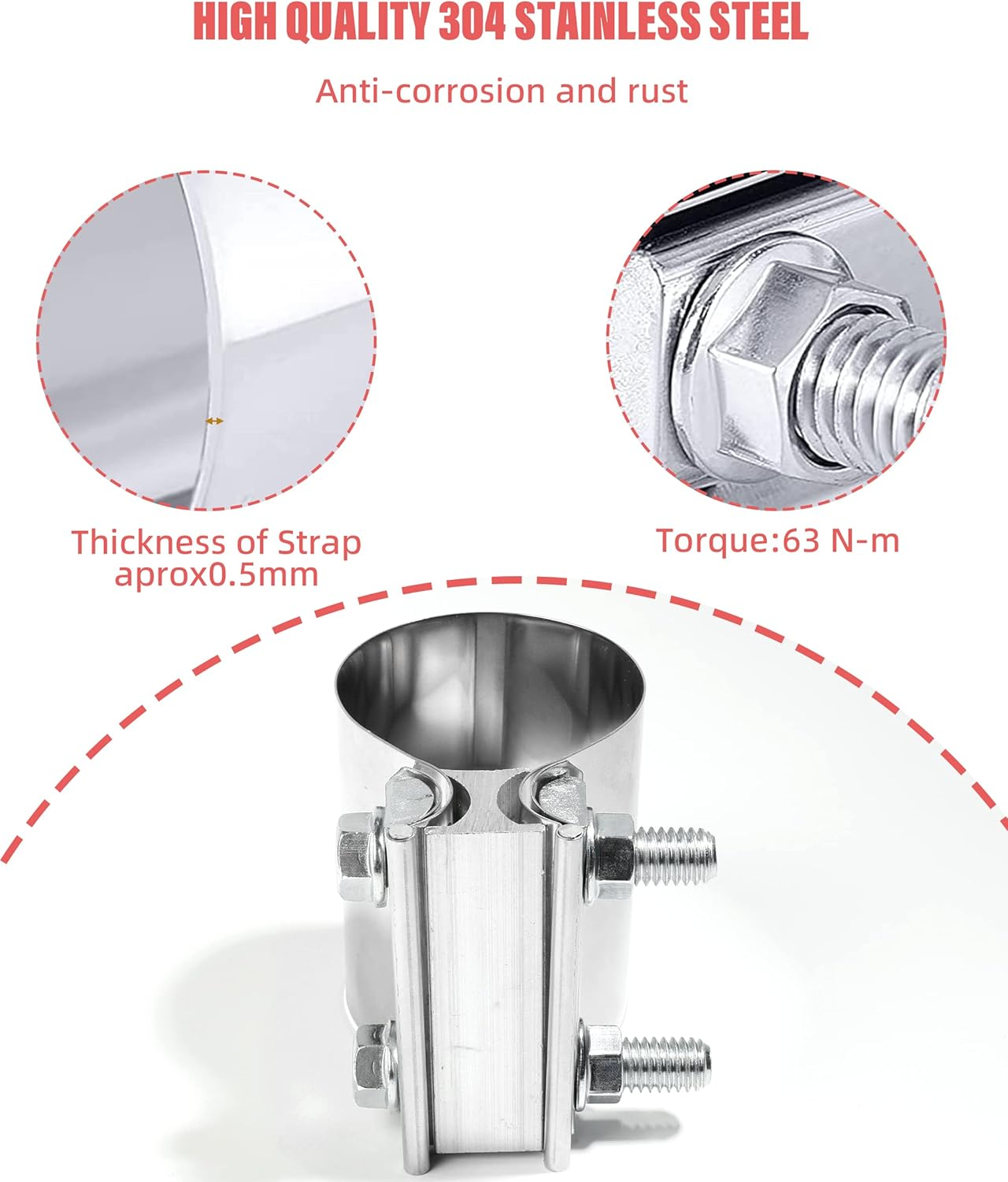 Zlirfy Stainless Steel Exhaust Clamp, Universal 2.0'-4.0' Butt Joint Clamp Band, Fit for 2.75' Exhaust Pipe image number 1