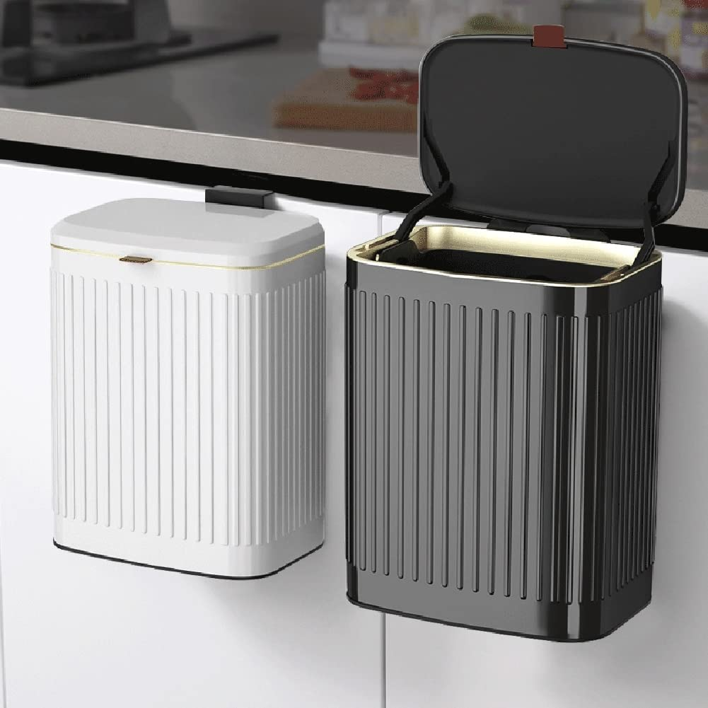 Hanging Trash Bin with Lid, 8 Liter Stainless Steel Garbage Can for Cupboard or under Sink, Wall Mounted Kitchen Compost Bin Wastebasket for Bedroom, Bathroom, Office(Black) - White image number 3
