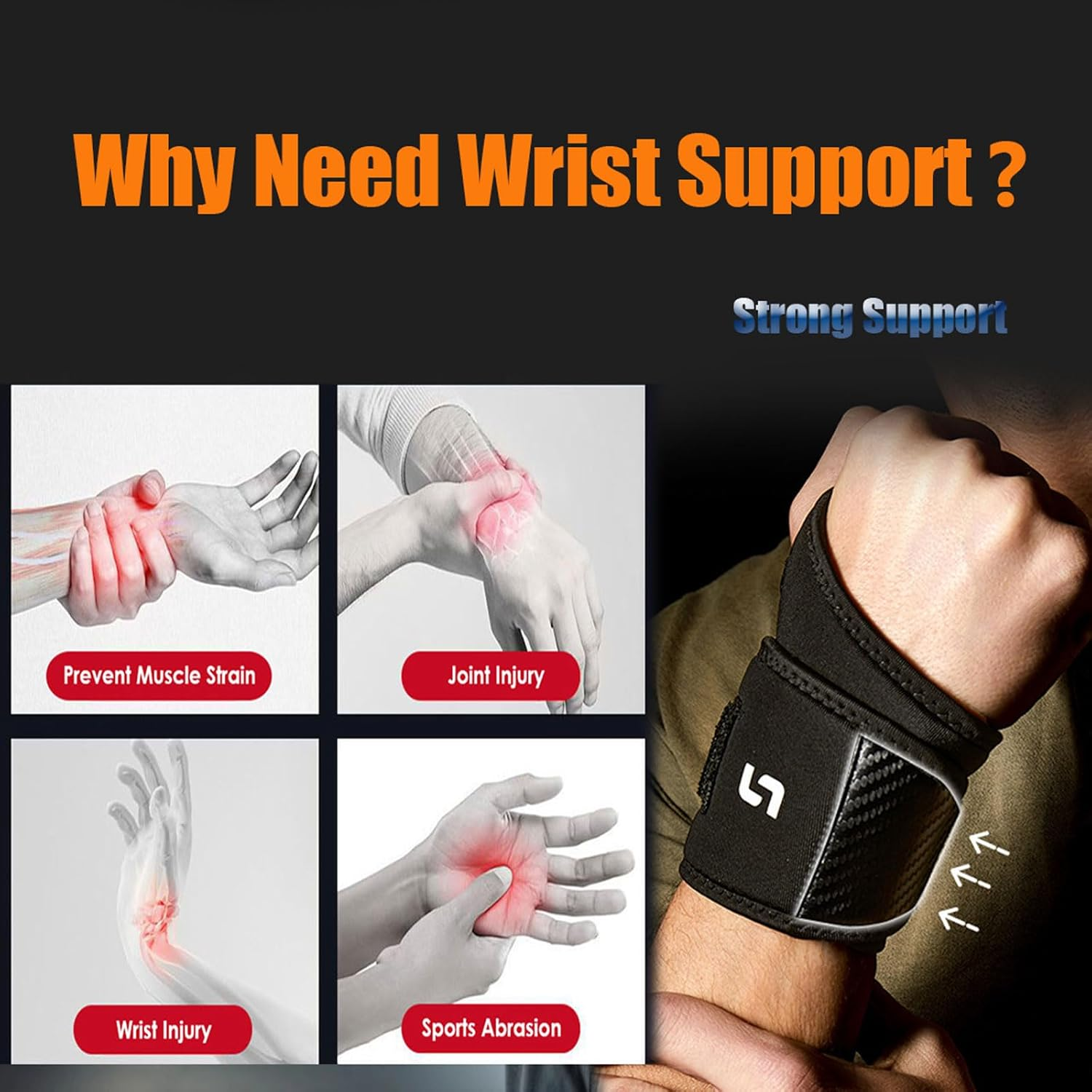 Checkzed Wrist Support Brace,Adjustable Wrist Band with Wrap Straps for Gym,Weightlifting,Tendonitis, Arthritis,Joint Pain Relief,Fits Right or Left Hand（1 Black）,Thumb Support,Carpal Tunnel image number 3