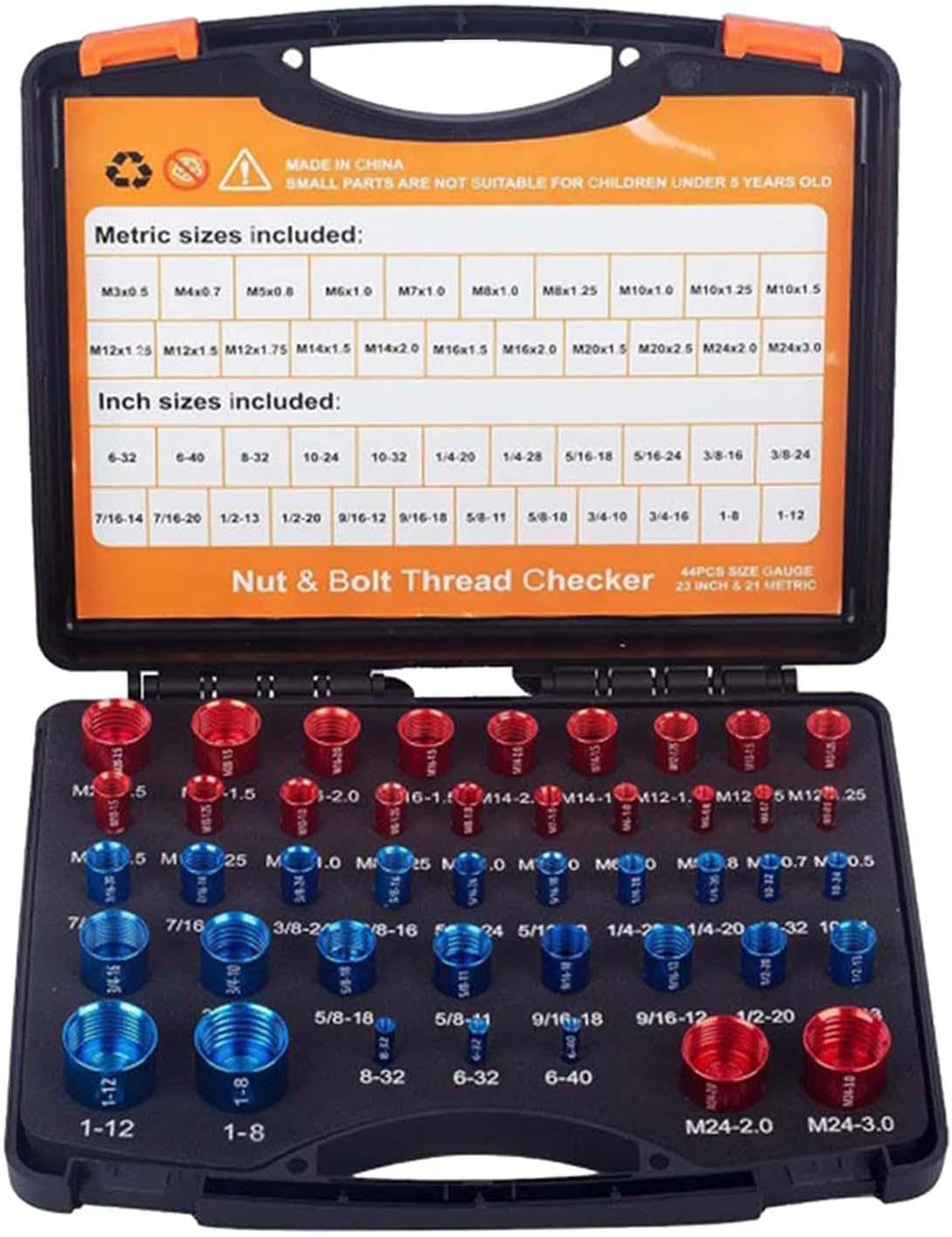 Amagogo 44Pcs Nut and Bolt Thread Checker Bolt and Nut Identifier Gauge Box Male/Female Gauges