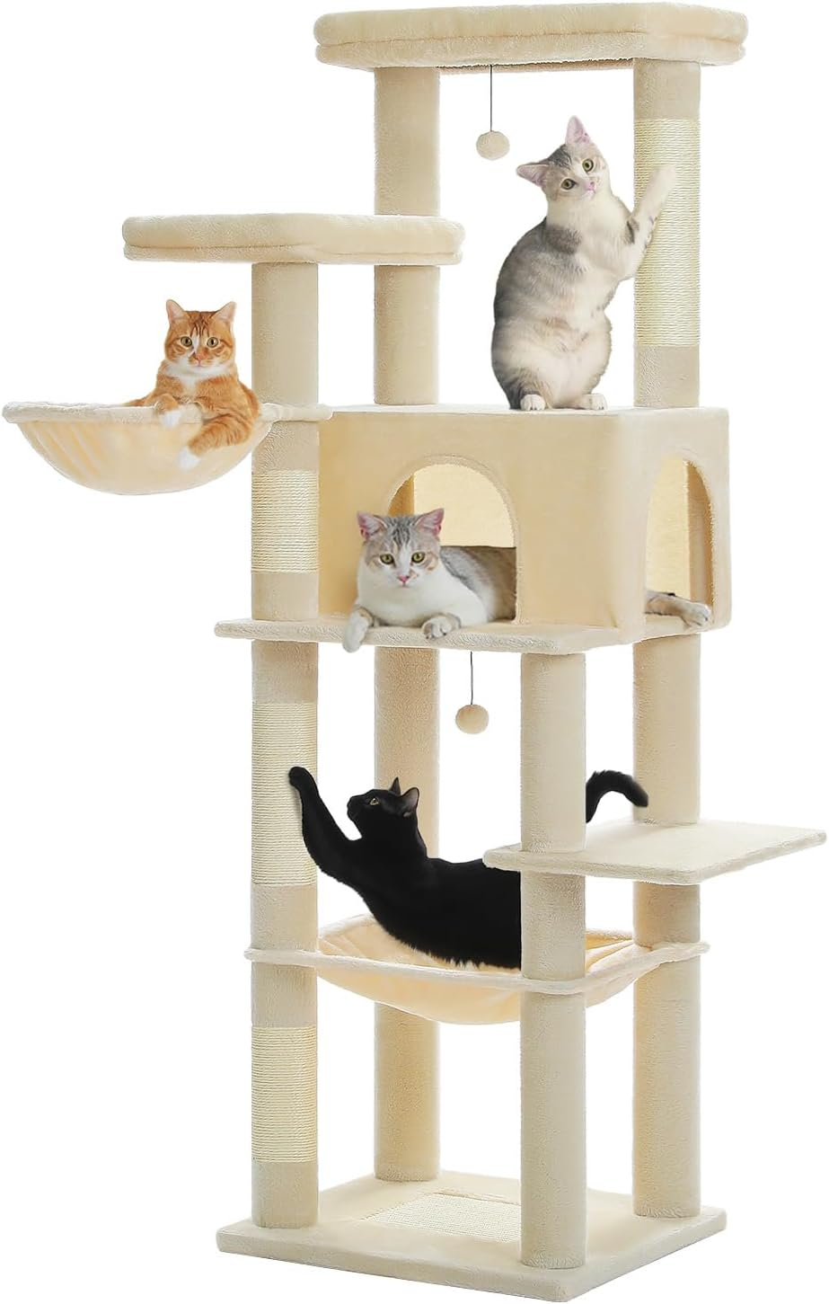 PAWZ Road Wooden Cat Tree for Indoor Large Cats, 124.5Cm Modern Cat Tower with 4 Cotton Rope Covered Scratching Posts, 6 Wood Posts, Super Large Platform and Pompom