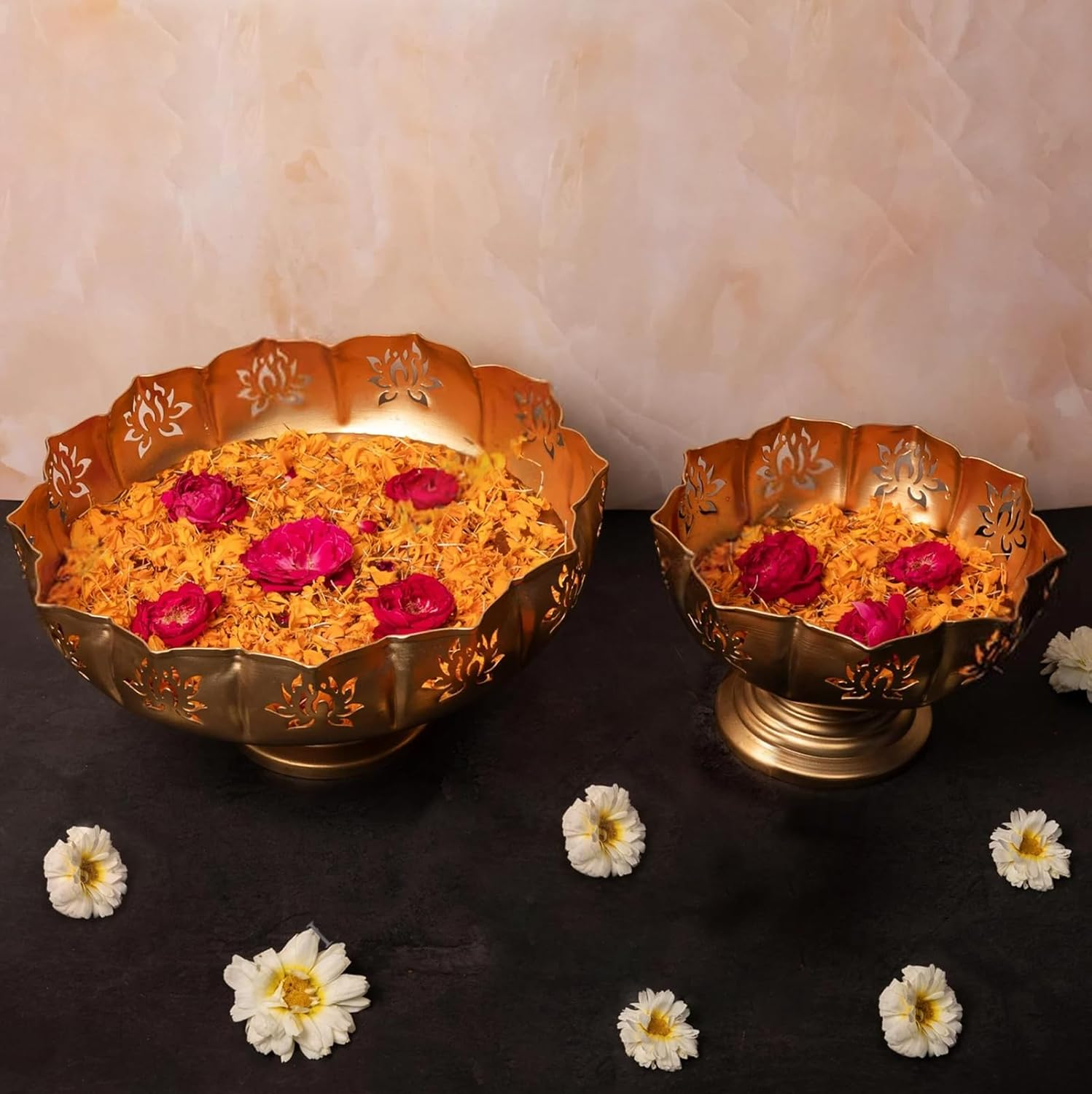 TIED RIBBONS Lotus Urli Metal Bowl for Decor | Iron | Set of 2 | 10, 12 Inch | Urlis for Decoration, Diwali Decor | Urli Bowl for Floating Flowers, Tea Light Candle, Home, Diwali Decorations image number 4
