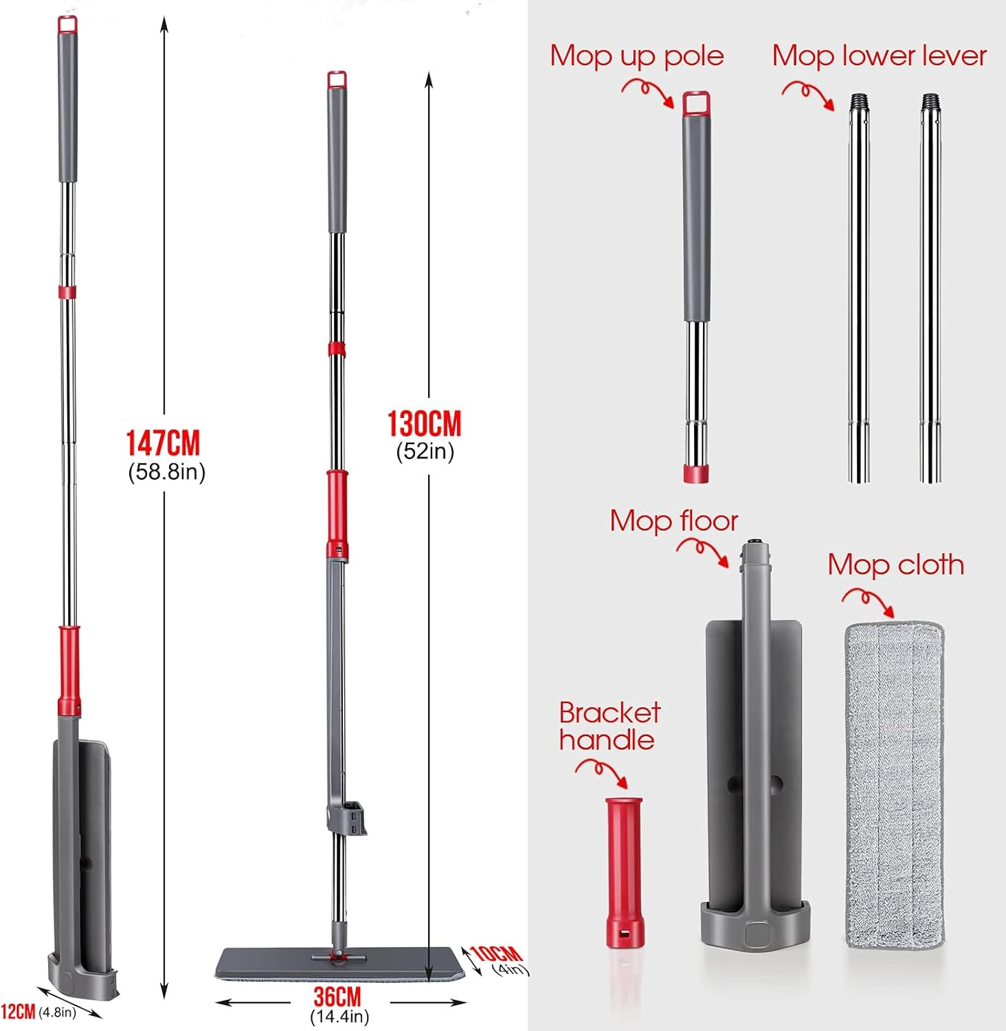 Masthome Microfiber Mop for Floor Cleaning - Self Wringing Flat with 6 Washable Pads, Hands Free with Stainless Steel Handle for Hardwood, Laminate, Tile, Vinyl image number 3