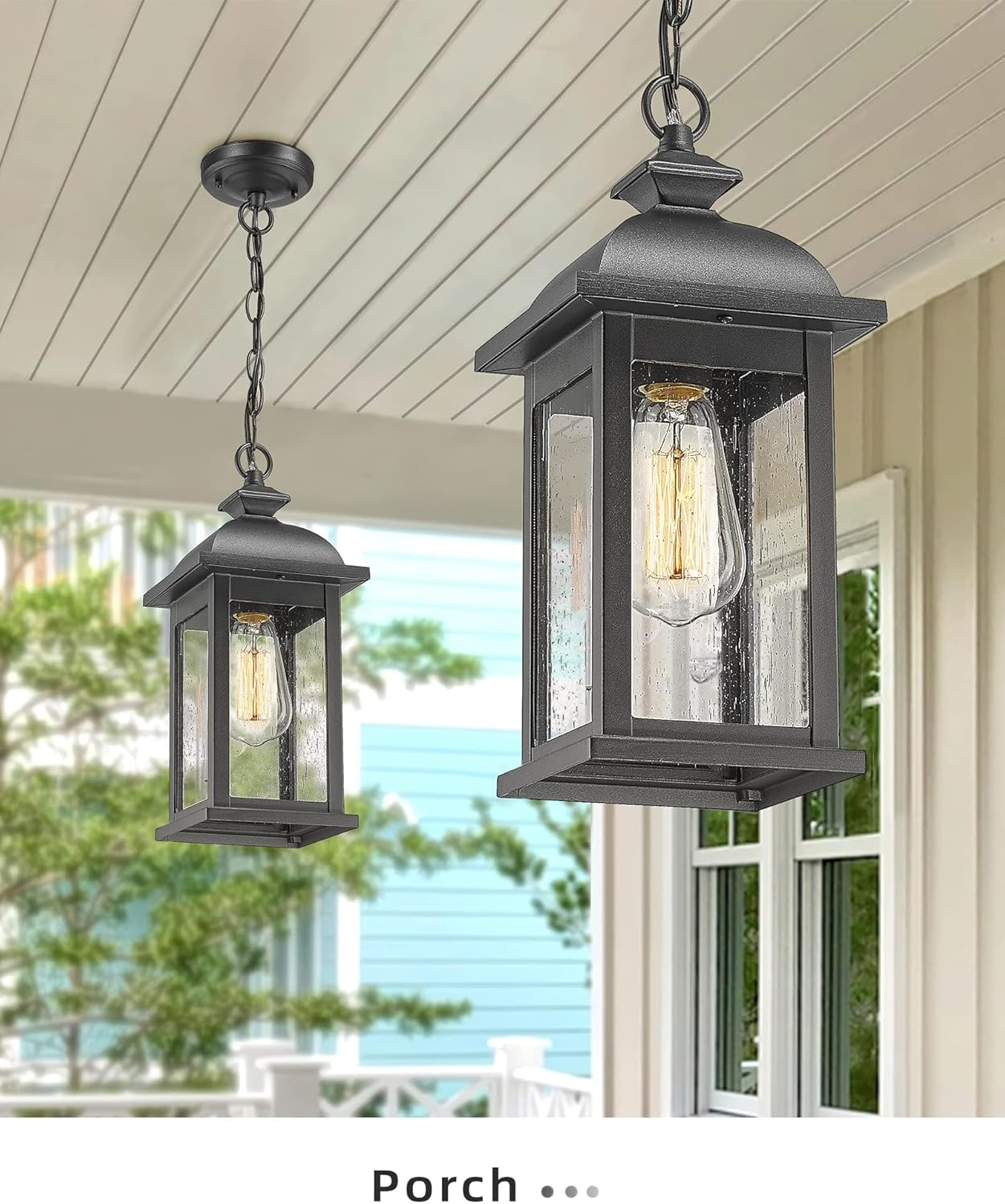 EMLIVIAR Outdoor Pendant Lights for Porch, Exterior Hanging Latern Outdoor Hanging Light Fixture, Black Finish with Seeded Glass, AUD03H BK image number 4