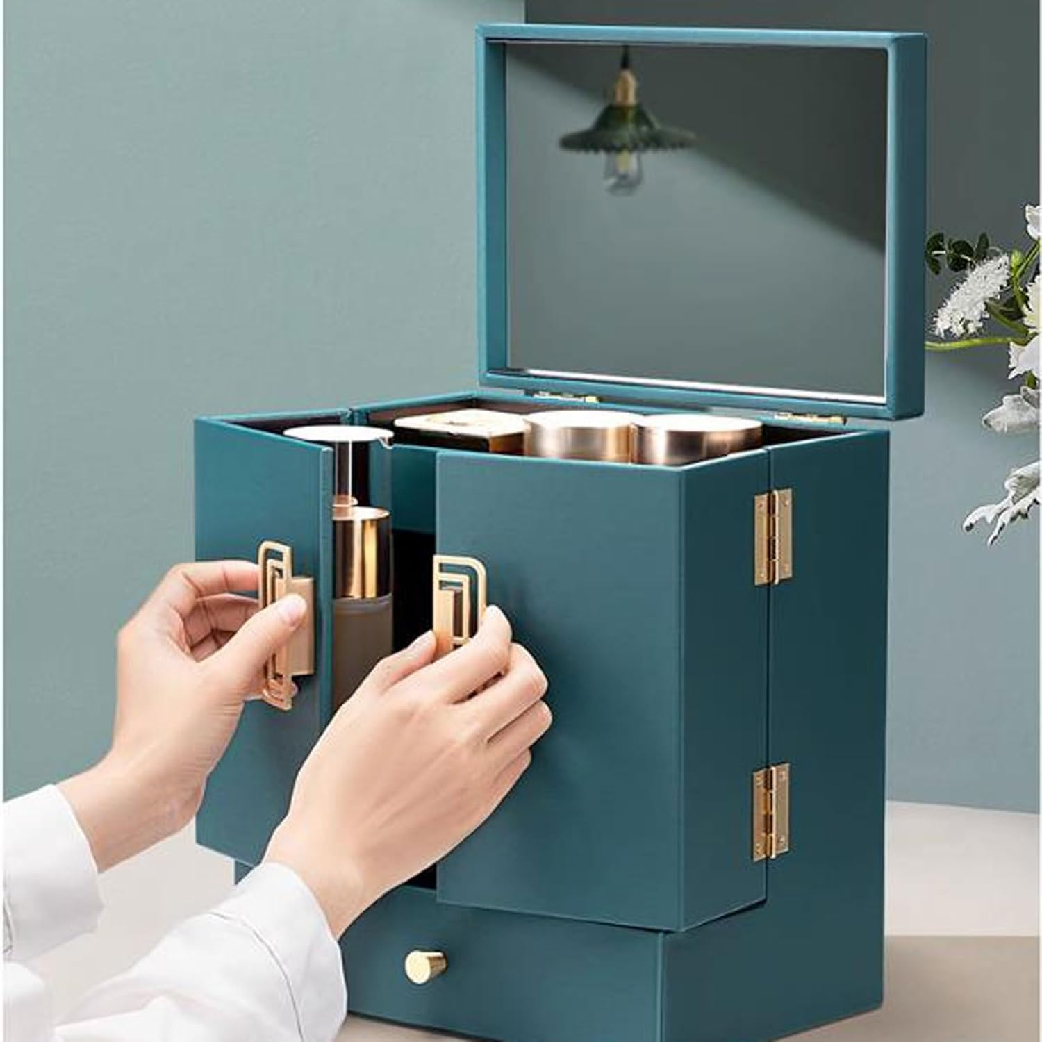 Cosmetic Organizer Luxury Makeup Organiser Storage Box Cabinet with Mirror and Drawer, Cosmetic Organizer MDF, Skincare Beauty Caddy for Dresser & Bathroom, Dust-Proof Waterproof(Green) image number 6