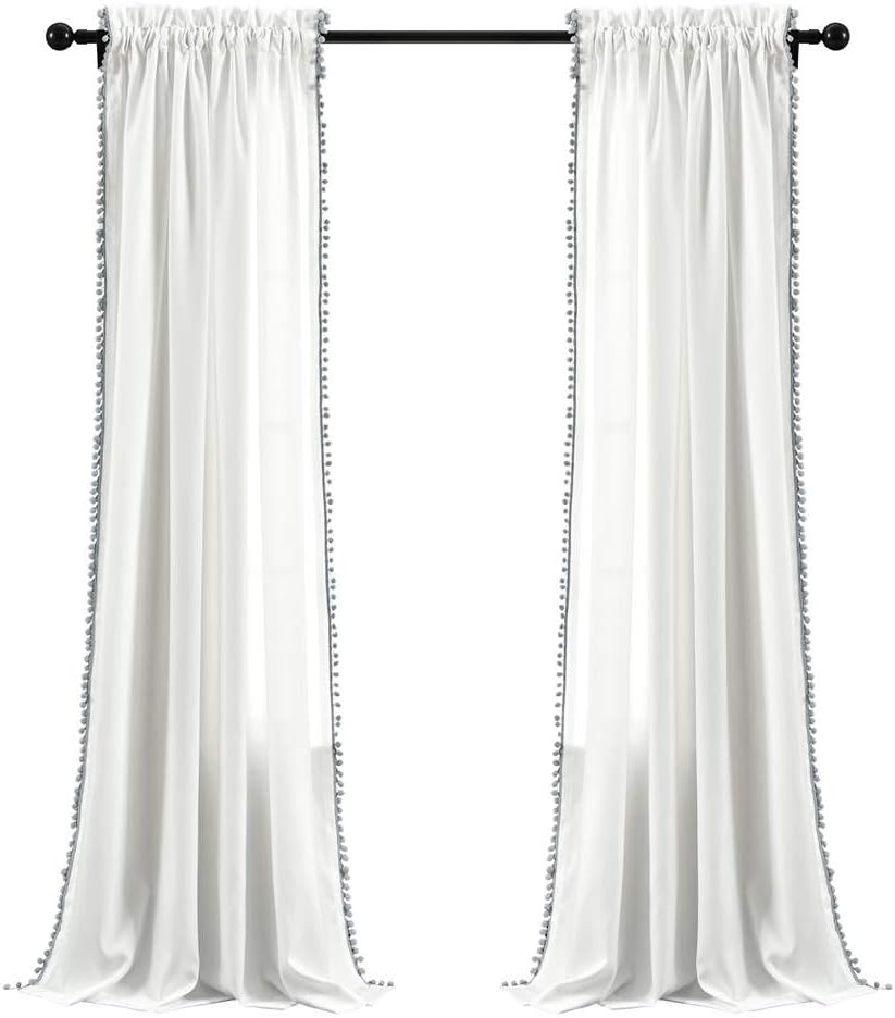 Lush Decor, Gray Pom Curtain | Textured, Solid Color Shabby Chic Style Window Panel for Living, Dining Room, Bedroom (Single), 84&rdquo; X 50 White, 84" X 50" image number 5