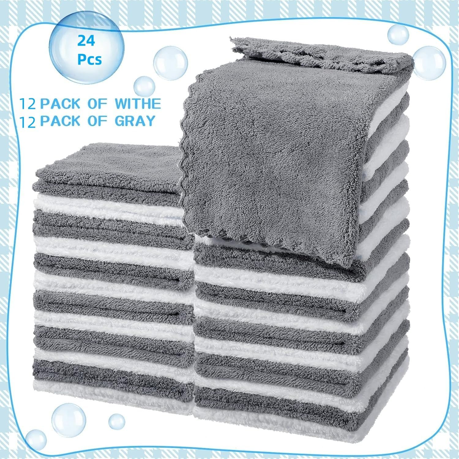 24 Pcs 12 X 12 Inches Hand Towels Quick Drying Microfiber Coral Velvet Highly Absorbent Towels Washcloths Soft Absorbent Face Towel Coral Fleece Wash Cloths for Hotel Bath Bathroom Baby Spa Gray White image number 5