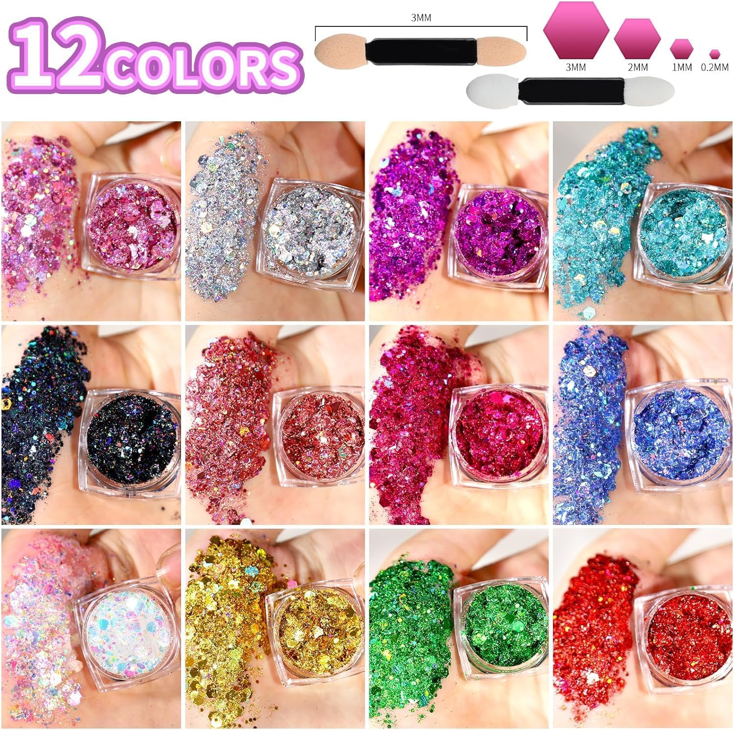 Slzhds Face and Body Glitter Gel, 12 Colors Mermaid Face Glitter Gel, Sequins Glitter Face Paint, Hair Glitter Gel, Glitter Gel Makeup for Lip, Hair, Eyes, Chunky Glitter for Festivals, Parties (12 Color) image number 6