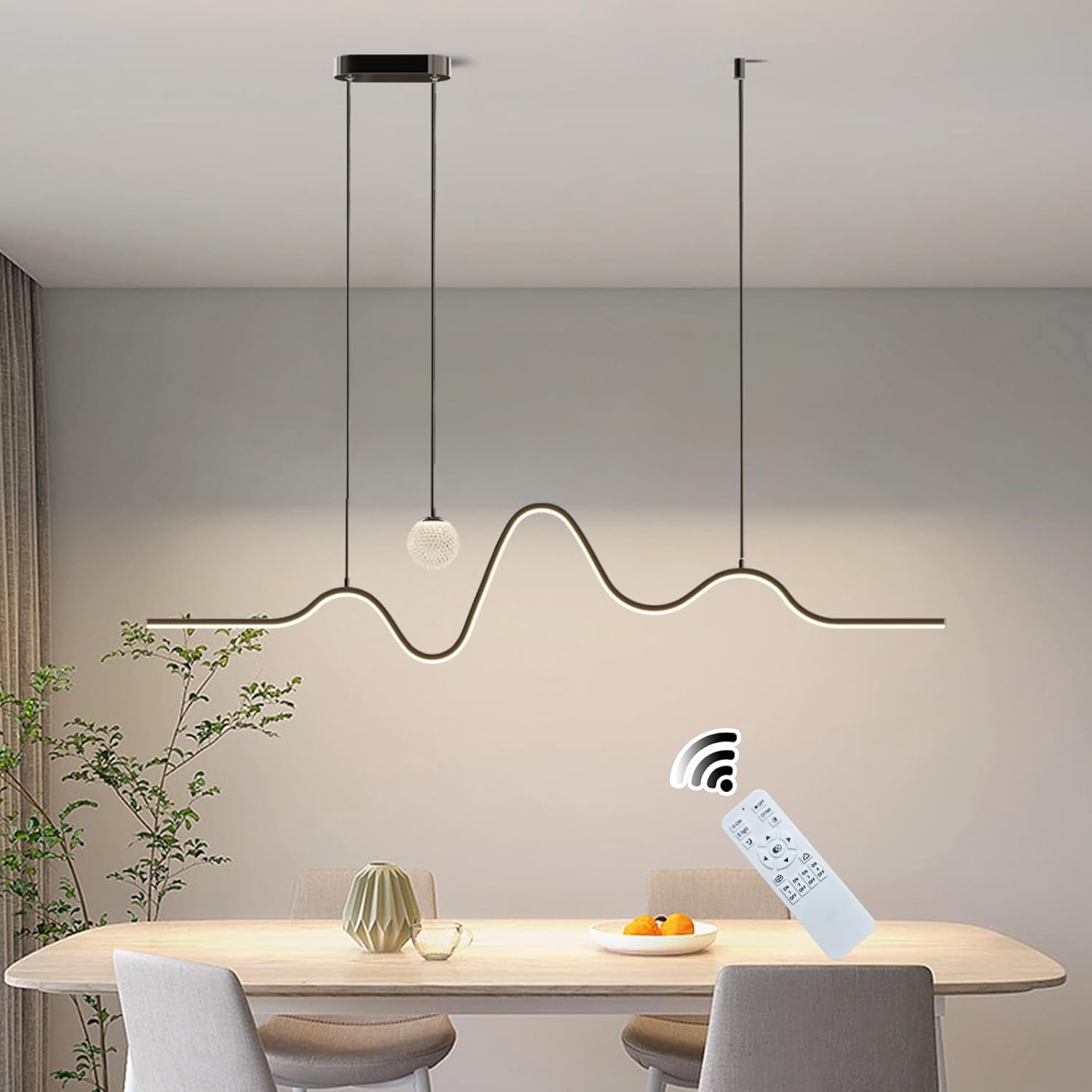 GEADI Modern LED Pendant Light, Dimmable Linear LED Chandelier, 110Cm Wave Kitchen Pendant Lighting over Island, Adjustable Hanging Light Fixture for Dining Room, 3000K-6000K