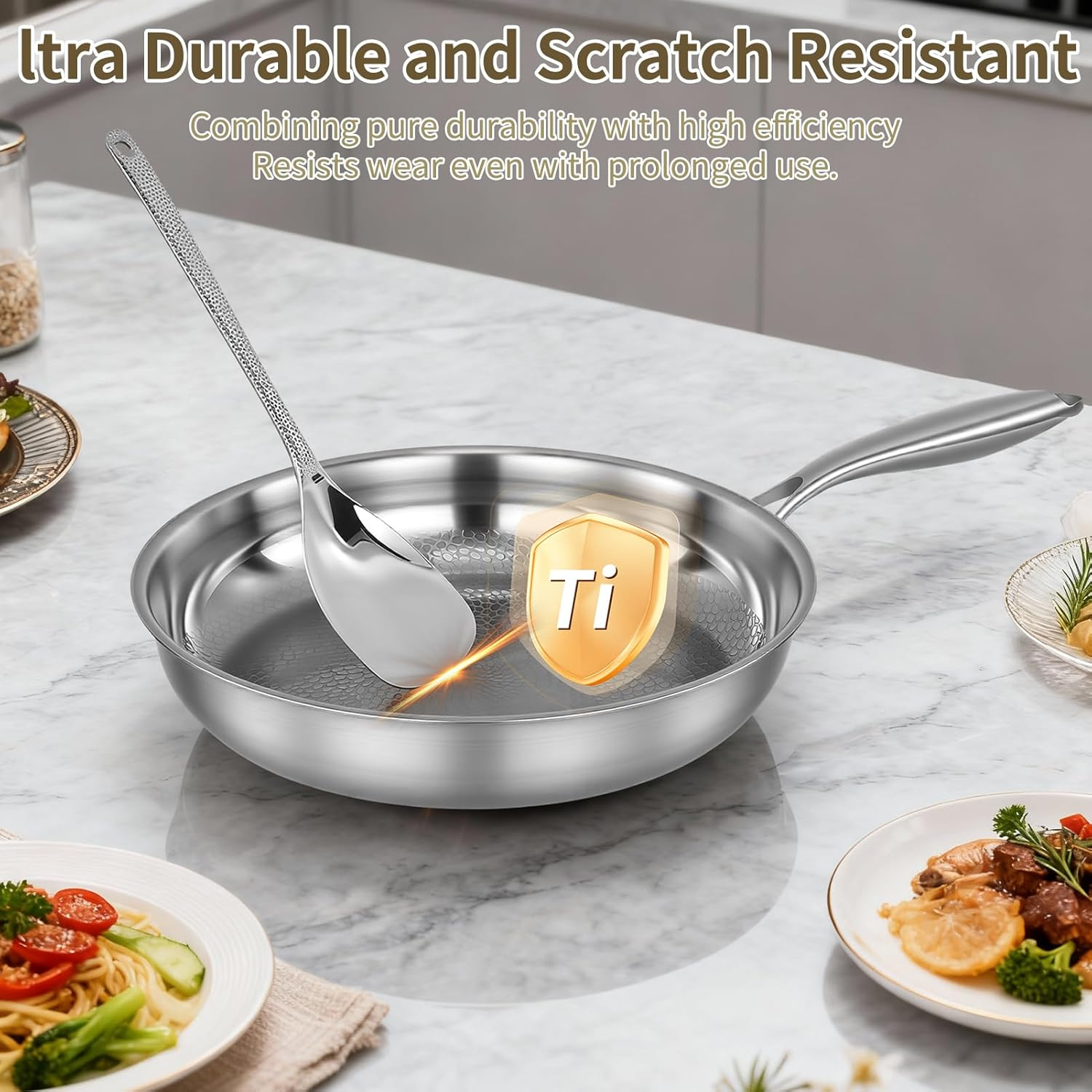 Titanium Hammered Pan Pro for Cooking, Titanium Panwith Lid, Stainless Steel Cookware Non Stick, Even Heating for Cooking (26Cm) image number 1